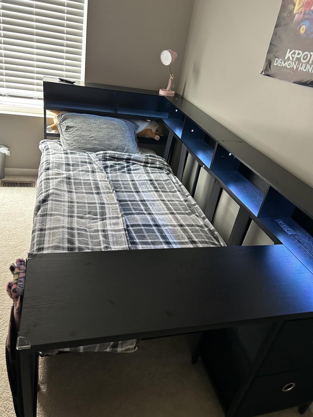 DICTAC Corner Twin Bed Frame with Desk, Charging Station and Bookcase Storage Twin Size Daybed for Kids/Teen with Storage Drawers, Led Lights and Shelves Twin Size Platform Bed Frame with Desk, Black customer photo 2
