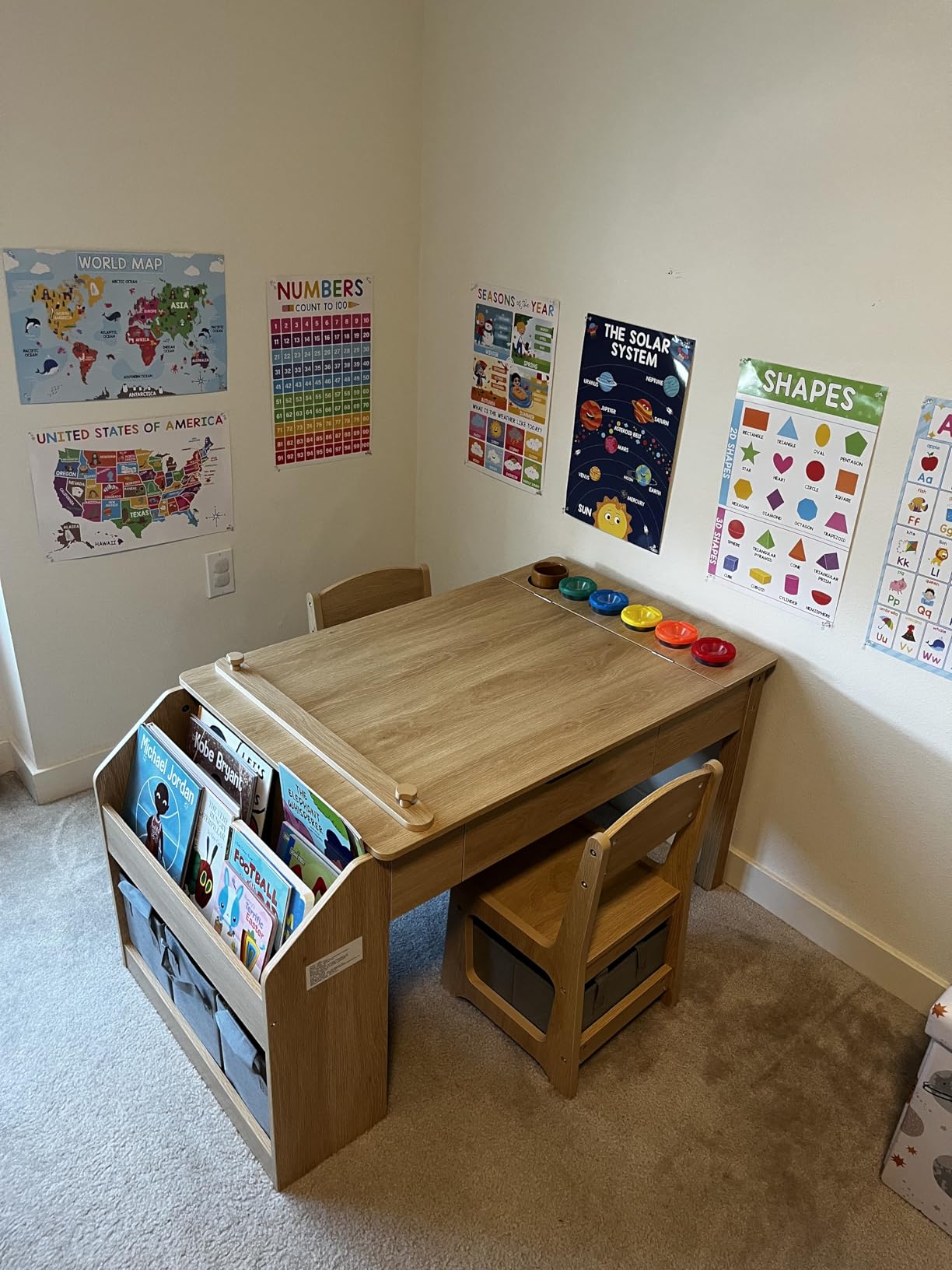 5-in-1 Kids Art Table and Chairs, Toddler Table and Chair Set, Craft Play Desk for Kids, Convertible Art Easel with Paper Roll Holder & Storage Drawers, Children Activity Learning Center - Nature Wood customer photo 1