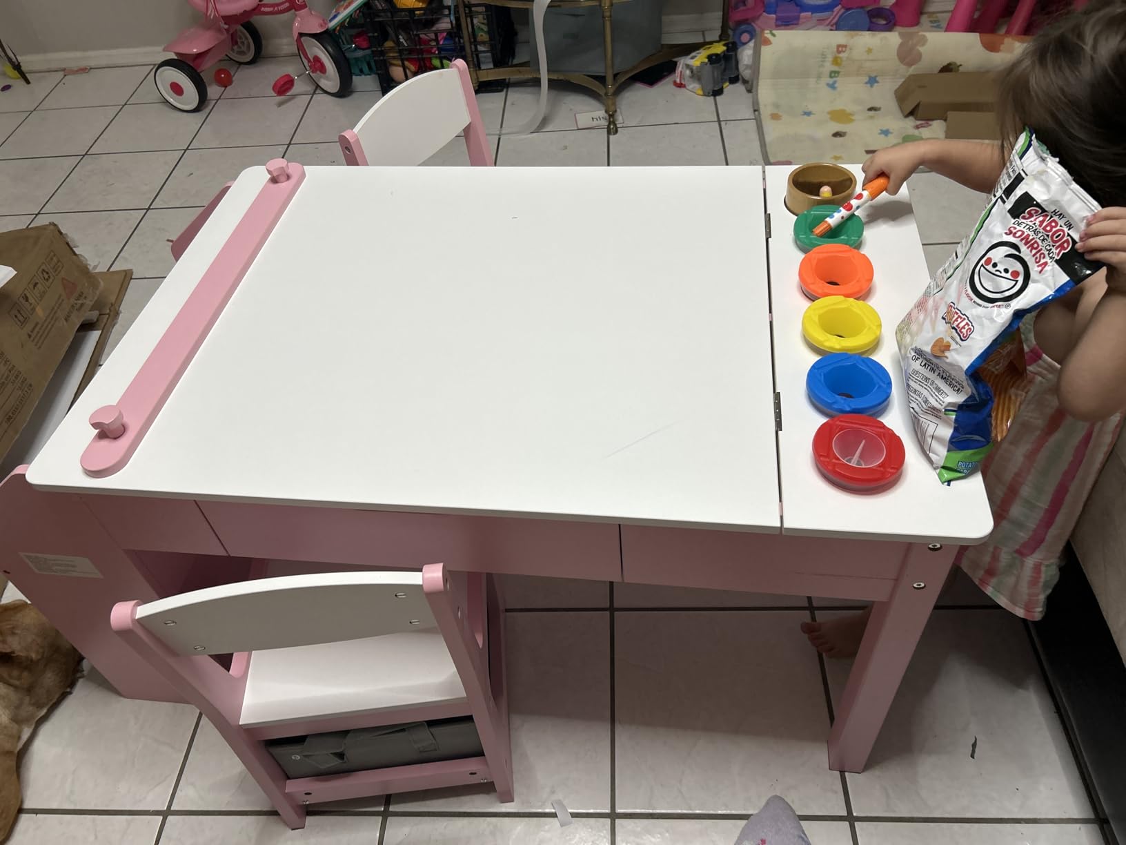 5-in-1 Kids Art Table and Chairs, Toddler Table and Chair Set, Craft Play Desk for Kids, Convertible Art Easel with Paper Roll Holder & Storage Drawers, Children Activity Learning Center - Nature Wood customer photo 2