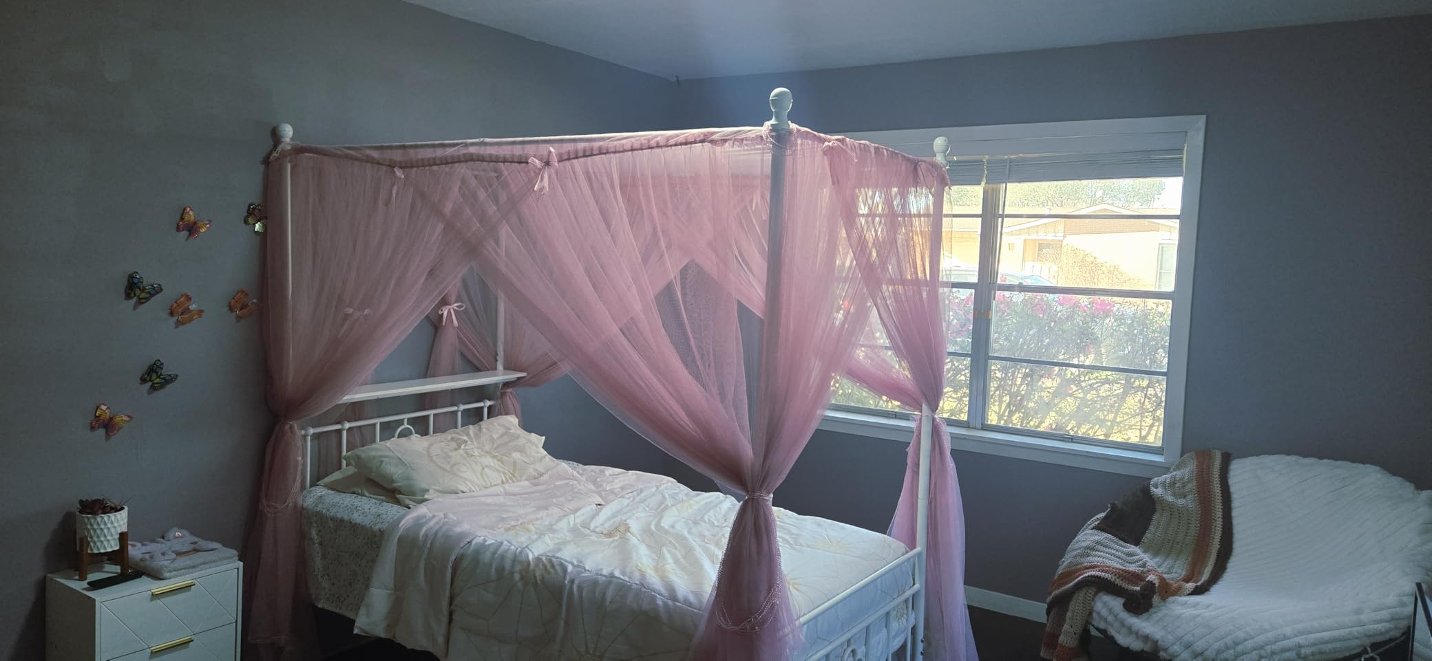 Homkdom Twin Canopy Bed Frame with Storage Headboard, Noise-Free, White customer photo 2