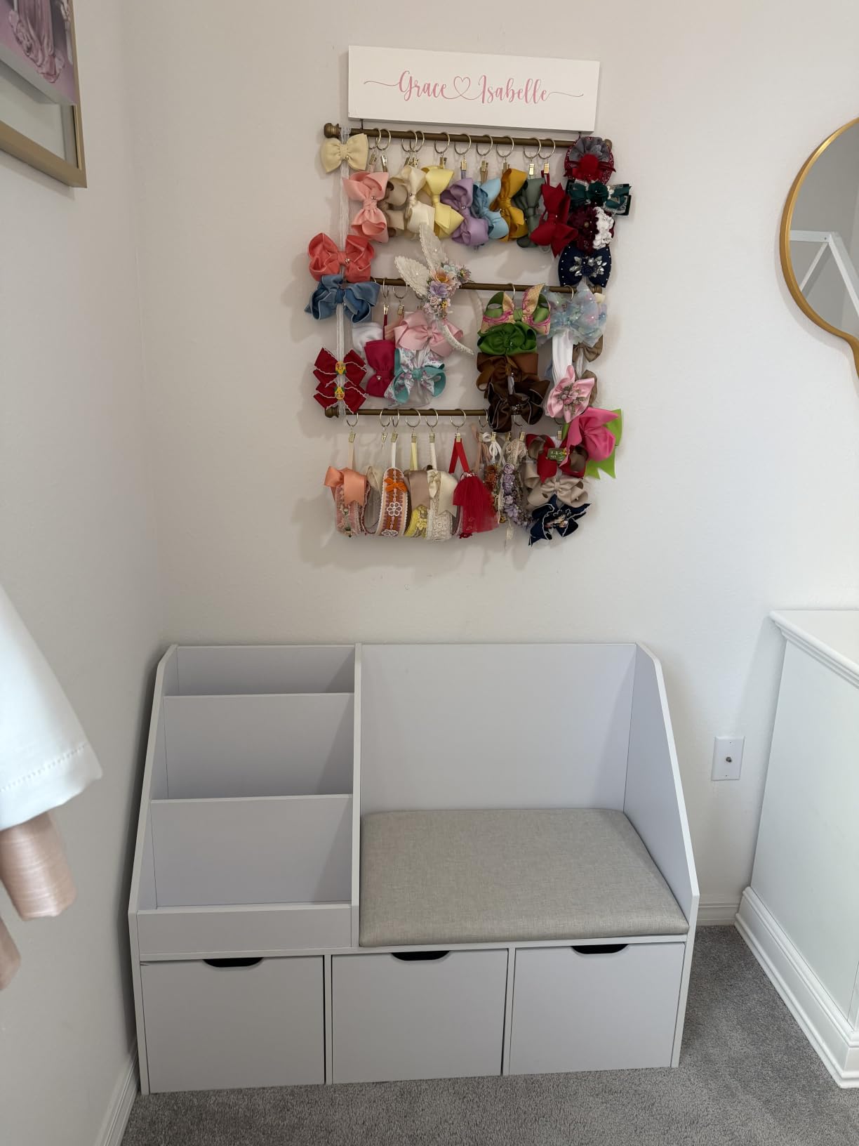 Teckid 39.4'' Kids Bookshelf with Reading Nook, Toy Storage & Bench | 3 movable drawers for toys & books. Cushioned bench for reading. Sturdy wood. Rounded edges. Easy to clean. White customer photo 2