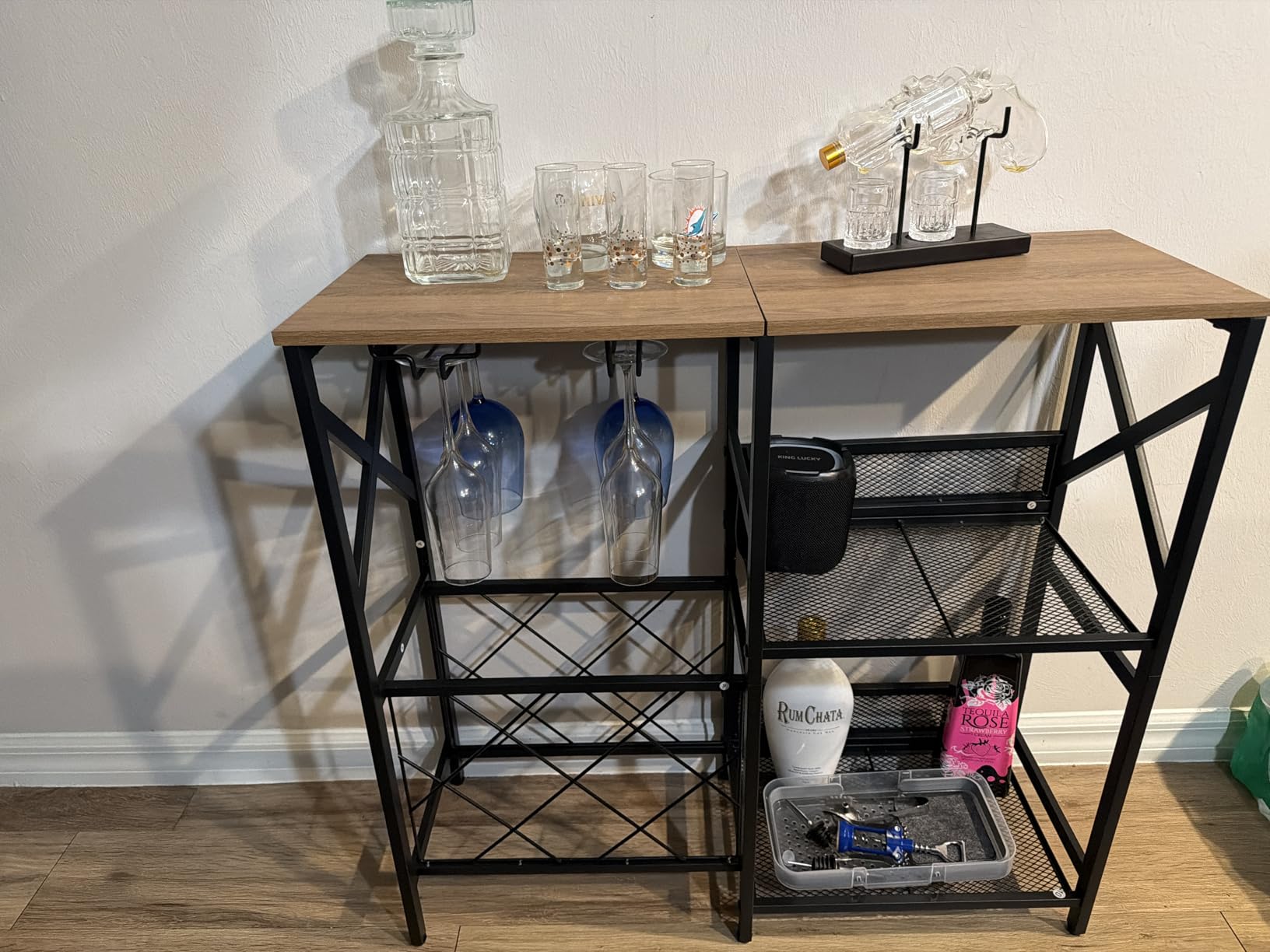 MNEETRUNG Wine Bar Cart, Rustic Freestanding Wine Rack with Glass Holder and Fence, Bar Cabinet with 2 Tier Storage, Liquor Shelf for Home Bar, Rustic Brown customer photo 1
