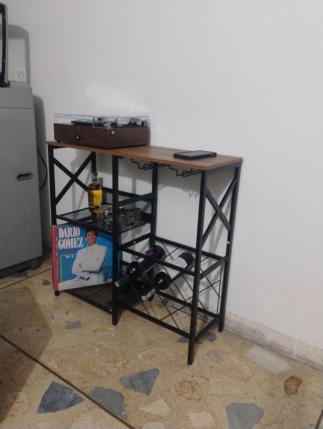 MNEETRUNG Wine Bar Cart, Rustic Freestanding Wine Rack with Glass Holder and Fence, Bar Cabinet with 2 Tier Storage, Liquor Shelf for Home Bar, Rustic Brown customer photo 2