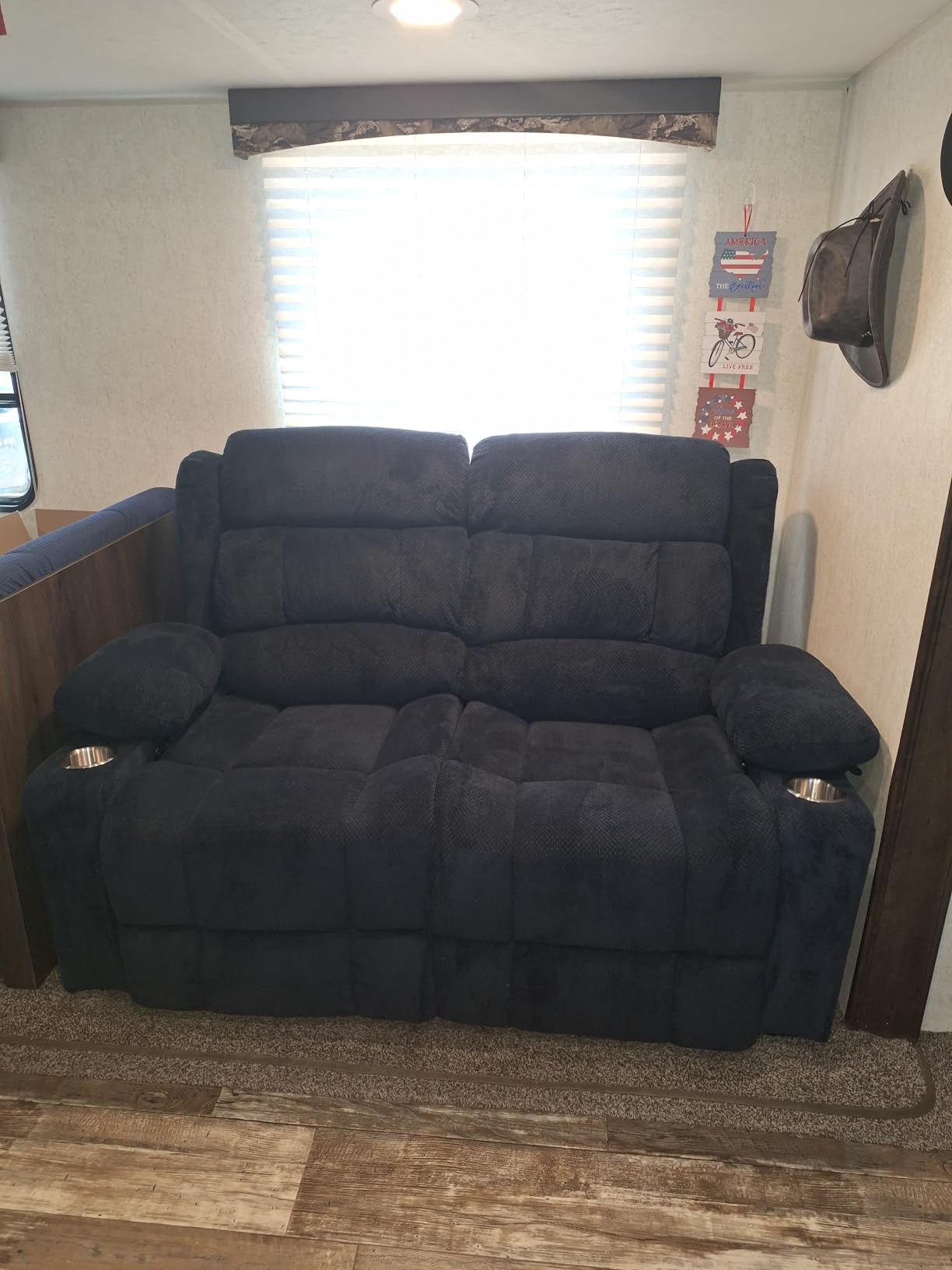 RV Loveseat Recliner Sofa, Wall Hugger Reclining Loveseat RV Couch with USB Ports, Cup Holders, Pockets, 150° Adjustable RV Furniture Velvet Fabric Recliners for Travel & Home Theater Seating customer photo 2