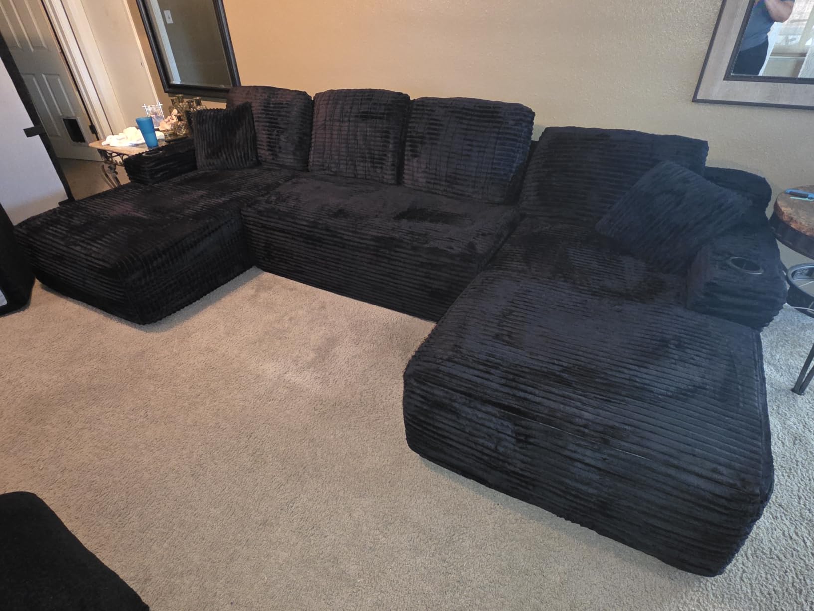 134 Inch Modular Sectional Sleeper Sofa, Boneless Cloud Couch for Living Room, U Shaped 5 Seat Sofa with 2 Storage Pockets & 2 Cup Holders, Free Combination, No Assembly Required (Black) customer photo 2