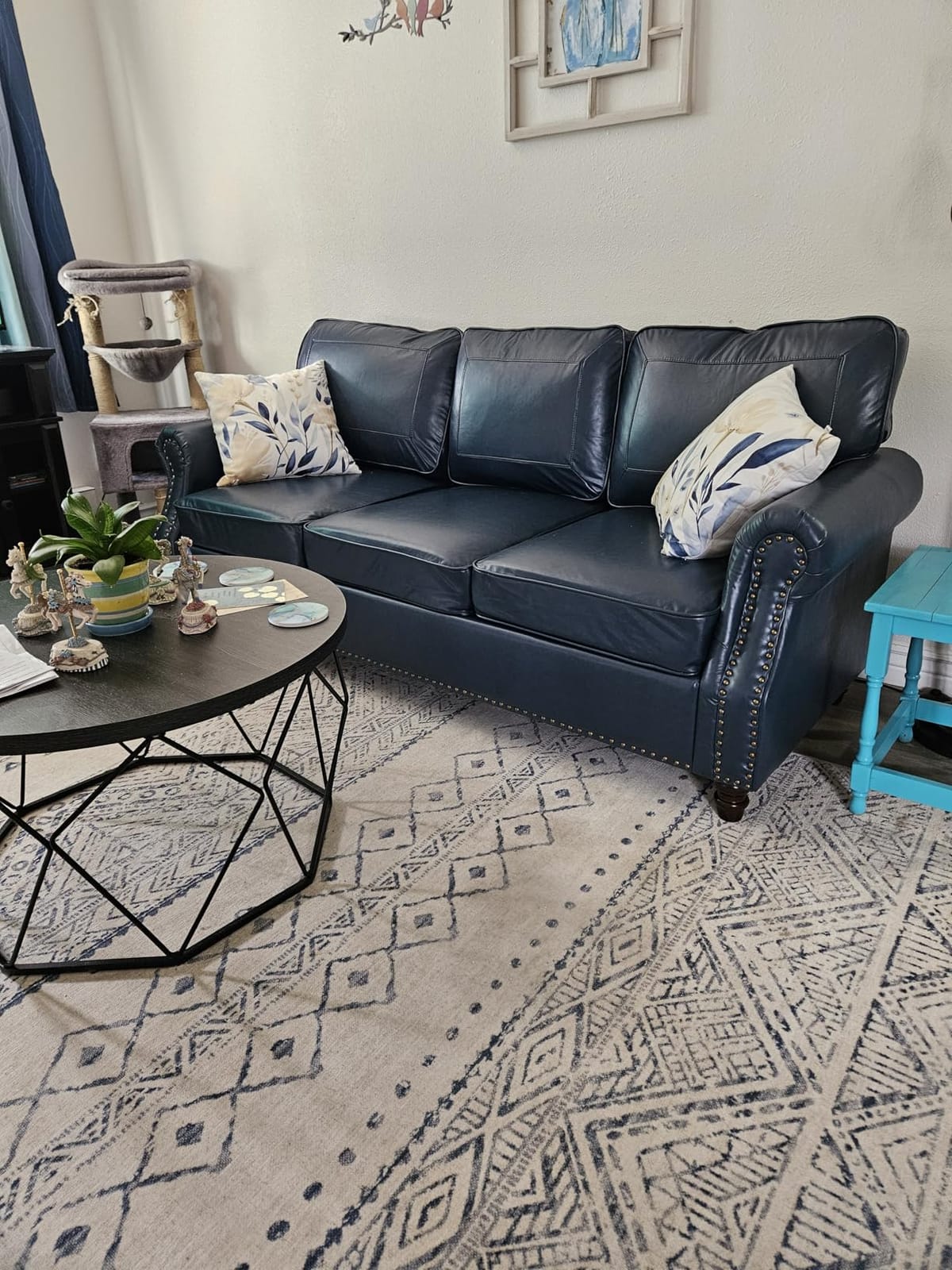 WILLOVE Faux Leather Sofa, Mid Century Modern Couch with Rolled Arm & Nailhead Trim for Living Room, Office - Blue customer photo 1