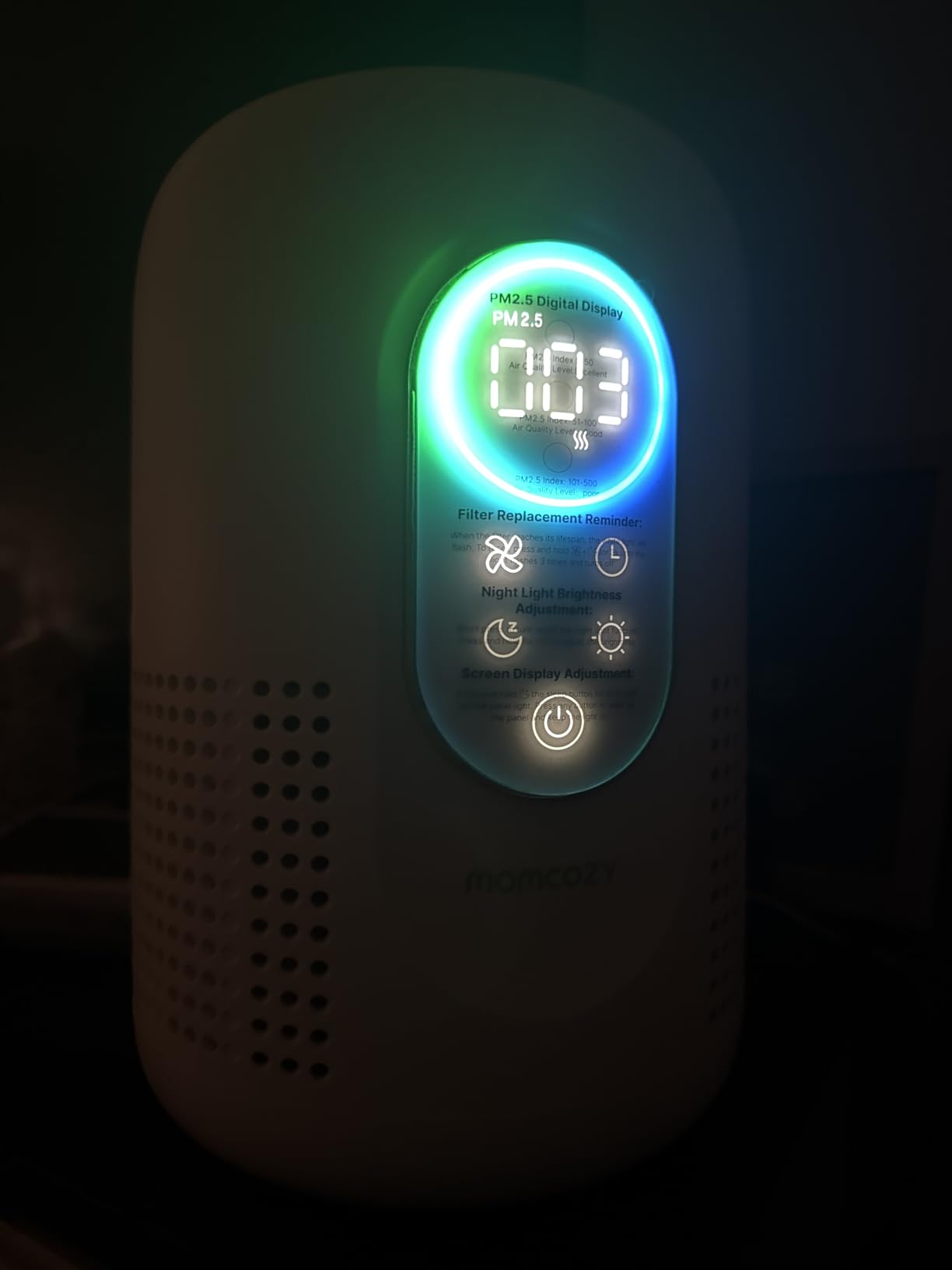 Momcozy Air Purifier for Bedroom with Dimmable Night Light for Small Room | Air Purifier for Baby with True HEPA & Activated Carbon Filter, Real-time PM2.5 Air Monitor, 4 Fan Speeds, 21dB Sleep Mode customer photo 1