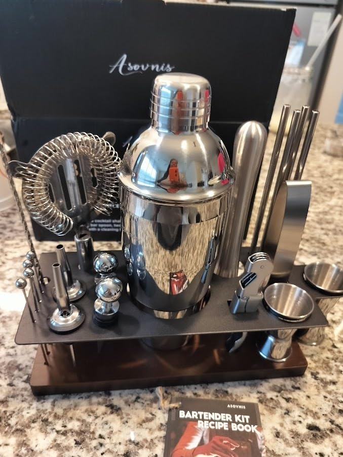 23-Piece Cocktail Shaker Set with Stand, 304 SS, Bartender Kit Gift | Complete Home Bar Set: Leak-proof Shaker, Jigger, Muddler, 18/8 Steel, Gift for beginners, cocktail lovers & house parties customer photo 1