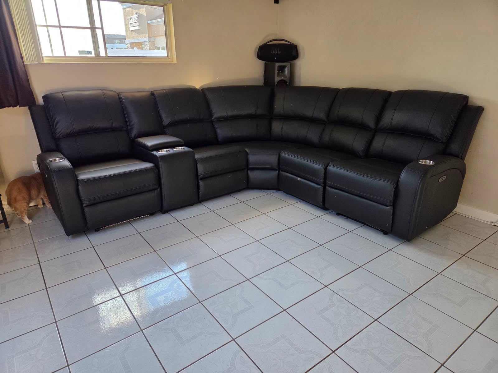 Power Reclining Sectional Sofa with LED Light, Faux Leather Sectional Couch for Living Room, Modern Corner Furniture Sets with 2 Recliner Seats, Cup Holders, Storage Console, Black customer photo 1