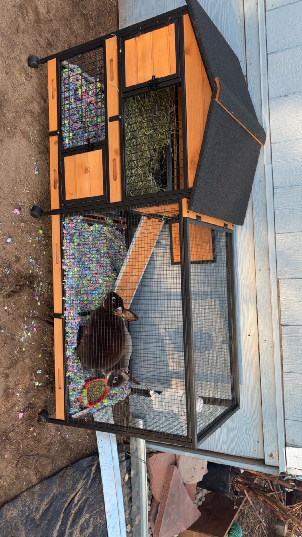 GUTINNEEN Large Rabbit Hutch Outdoor 2-Level Wooden Chicken Coop Indoor Weatherproof Bunny Cage Guinea Pig House with Waterproof Roof, Leak-Proof Pull Out Tray, Lockable Door for Small Animals (Grey) customer photo 2