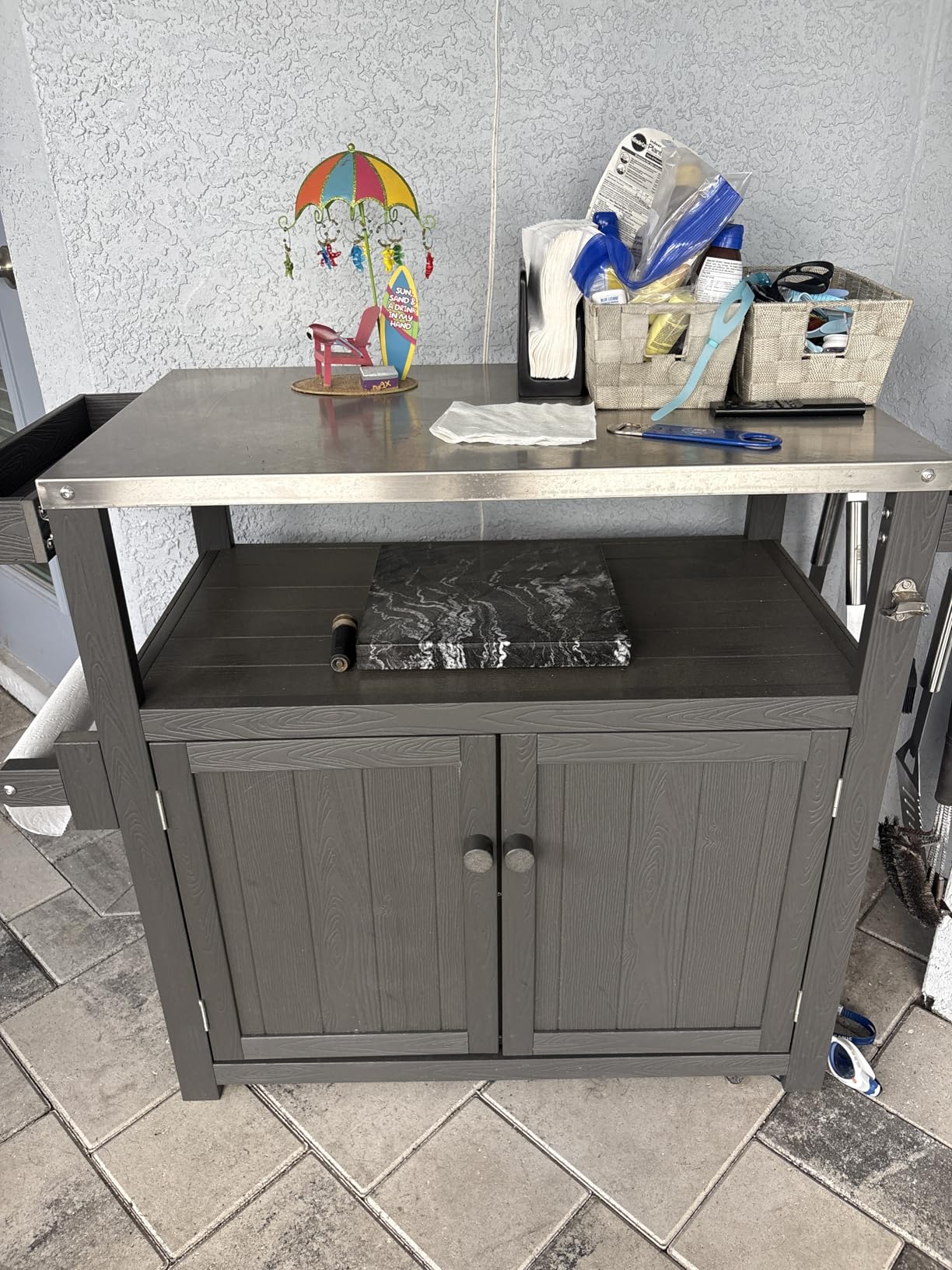 Weatherproof HIPS Outdoor Kitchen Island with Stainless Steel Top & Storage Cabinet, Movable Prep Table with Wheels for BBQ Food Prep, Outdoor Grill Cart for Parties, Black customer photo 1