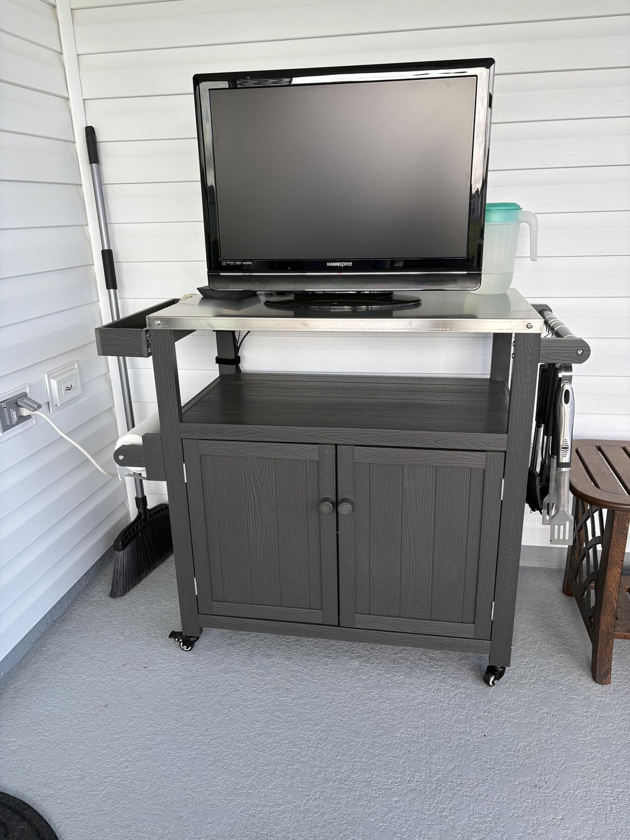 Weatherproof HIPS Outdoor Kitchen Island with Stainless Steel Top & Storage Cabinet, Movable Prep Table with Wheels for BBQ Food Prep, Outdoor Grill Cart for Parties, Black customer photo 2