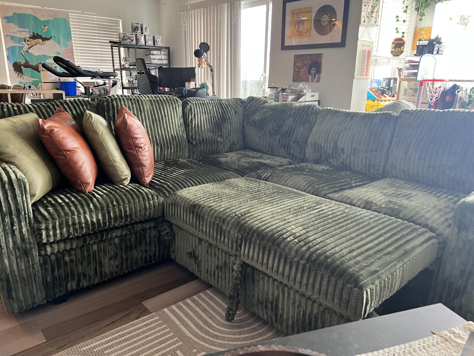 HONBAY Modular Sectional Sleeper Sofa with Pull Out Bed, Corduroy U Shaped Couch with Storage, Sectional Couches for Living Room, Green customer photo 2