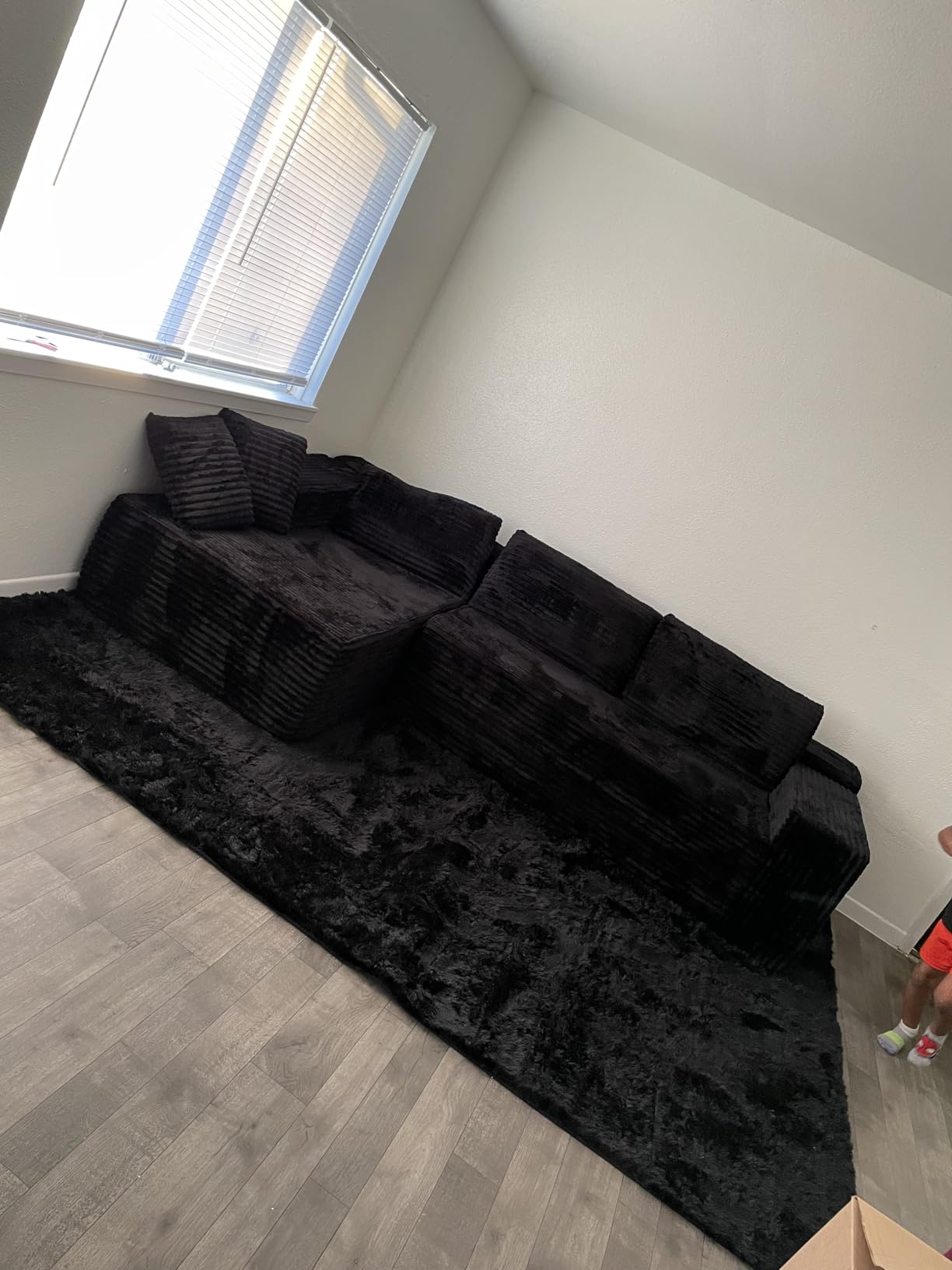 Black 96.9 Inch Left Chaise Sectional Sofa, Boneless Corduroy Cloud Couch with Spring Coils & High-Resilience Foam, Deep Seat Oversized Compact Living Room Set, No Assembly, Stain-Resistant Fabric customer photo 1