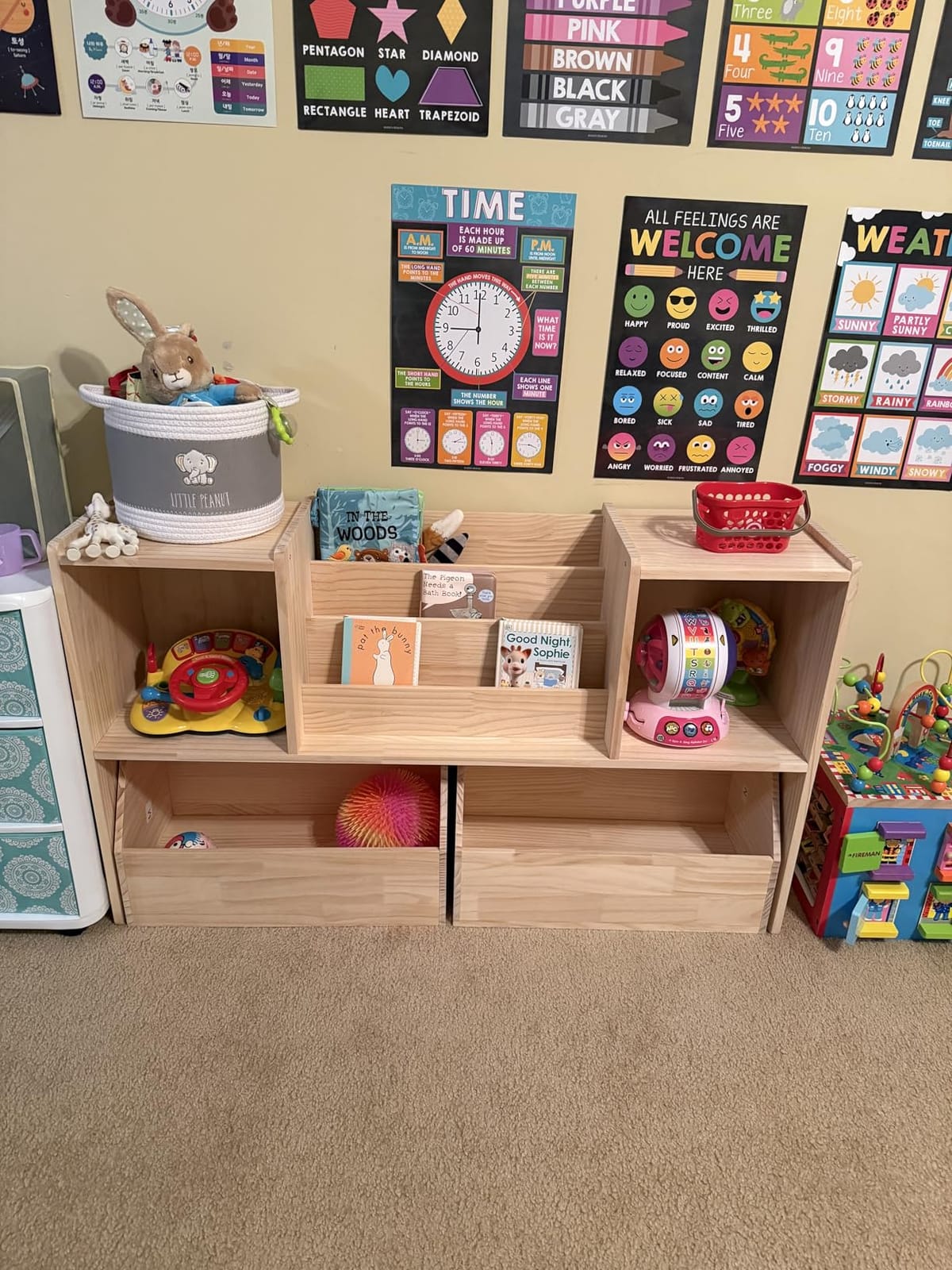EXPERLAM Solid Wood Kids Bookshelf and Toy Storage Organizer, 3-in-1 Montessori Bookcase with Storage Cubbies and 2 Rolling Toy Bins, Toddler Bookshelf for Kids Room, Playroom, Nursery customer photo 1