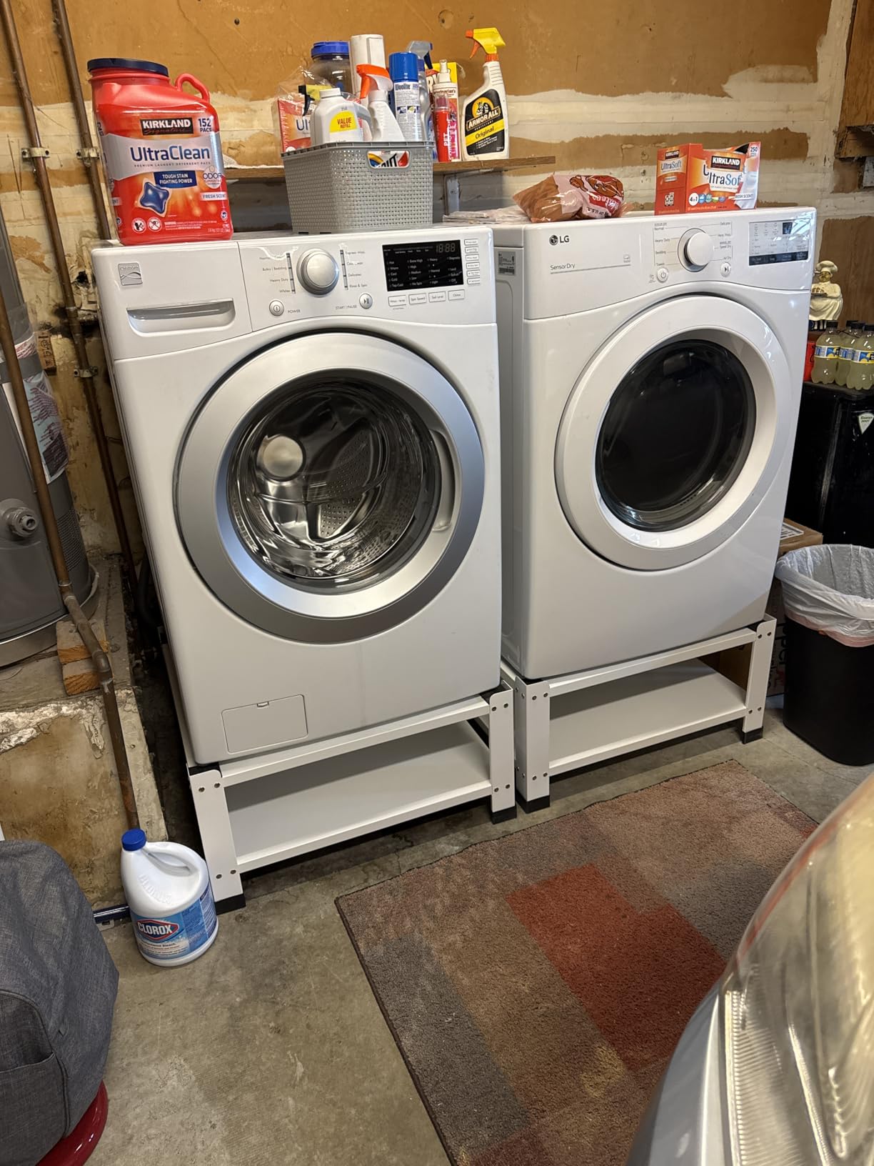 Washer and Dryer Pedestal with Storage, 29 Inch, 23 Inch High | White metal stand with pull-out shelf, enclosed cabinet, drainage opening, 770 lb capacity, and required assembly. customer photo 1