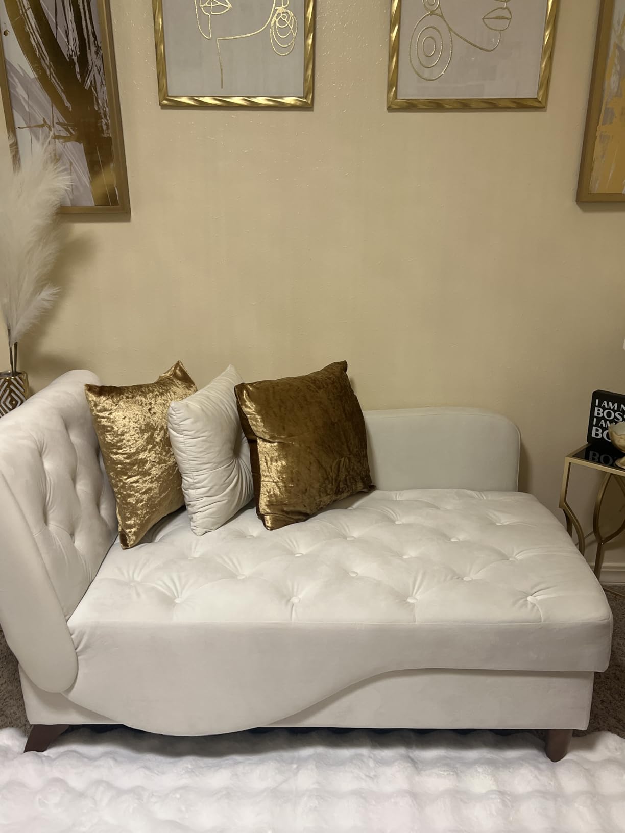 Indoor Velvet Chaise Lounge Chair with Storage for Living Room, Beige White | Reading chair chaise sleeper sofa bed with pillow, 3 in 1 velvet futon lounge chair for living room bedroom, beige white customer photo 1