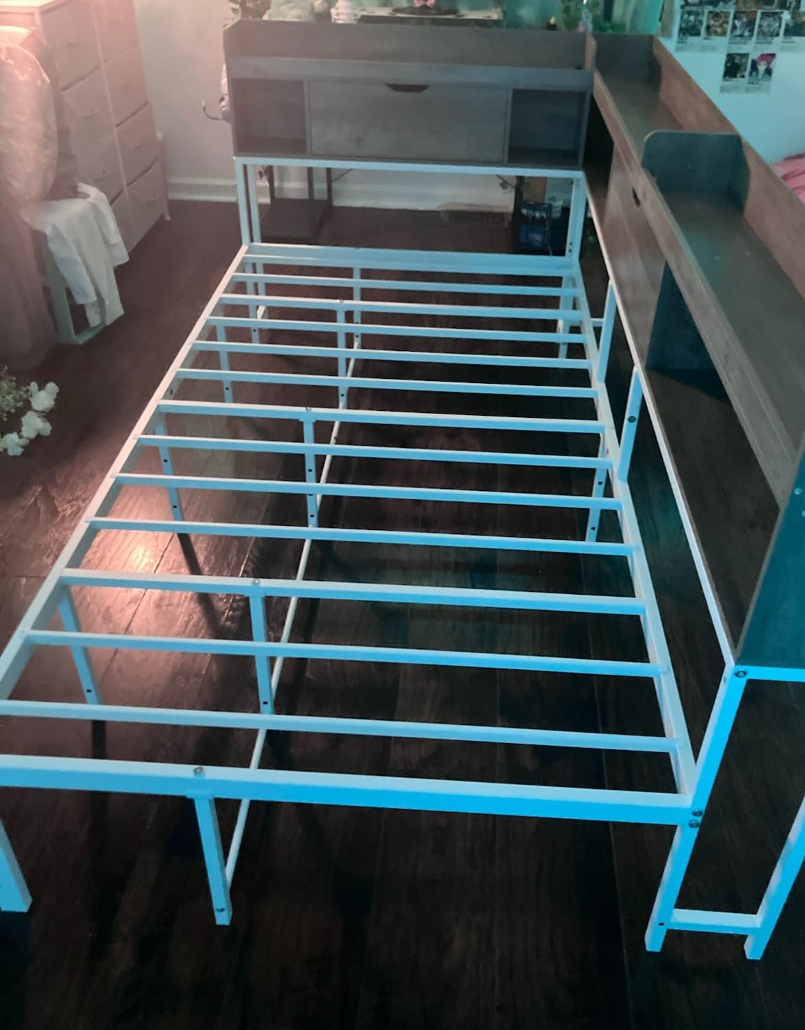 AOGLLATI Full Size Corner Bed Frame with 6 Storage Drawers and Bookcase Hidden Headboard, Full Bed Frame Metal Platform Daybed with Charging Station and LED Lights for Kids Teens, Pink customer photo 2