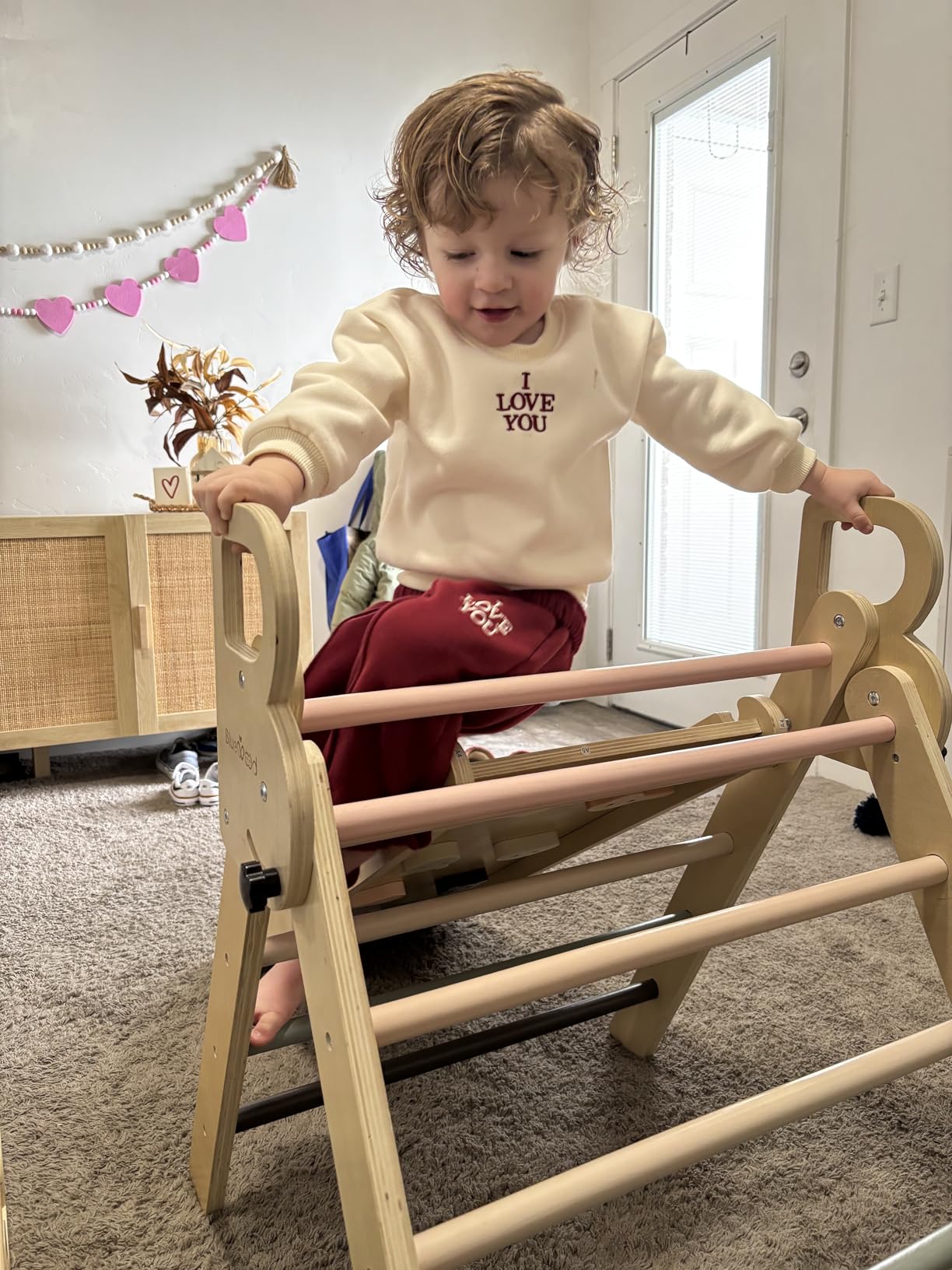 BlueWood Pikler Triangle Set with Safe Handle, Climbing Toys for 1-3 Year | Patented Safety Design, Foldable 7-in-1, with Wooden Car, Standard Size, Indoor Montessori Gift for First Birthday, Colorful customer photo 2