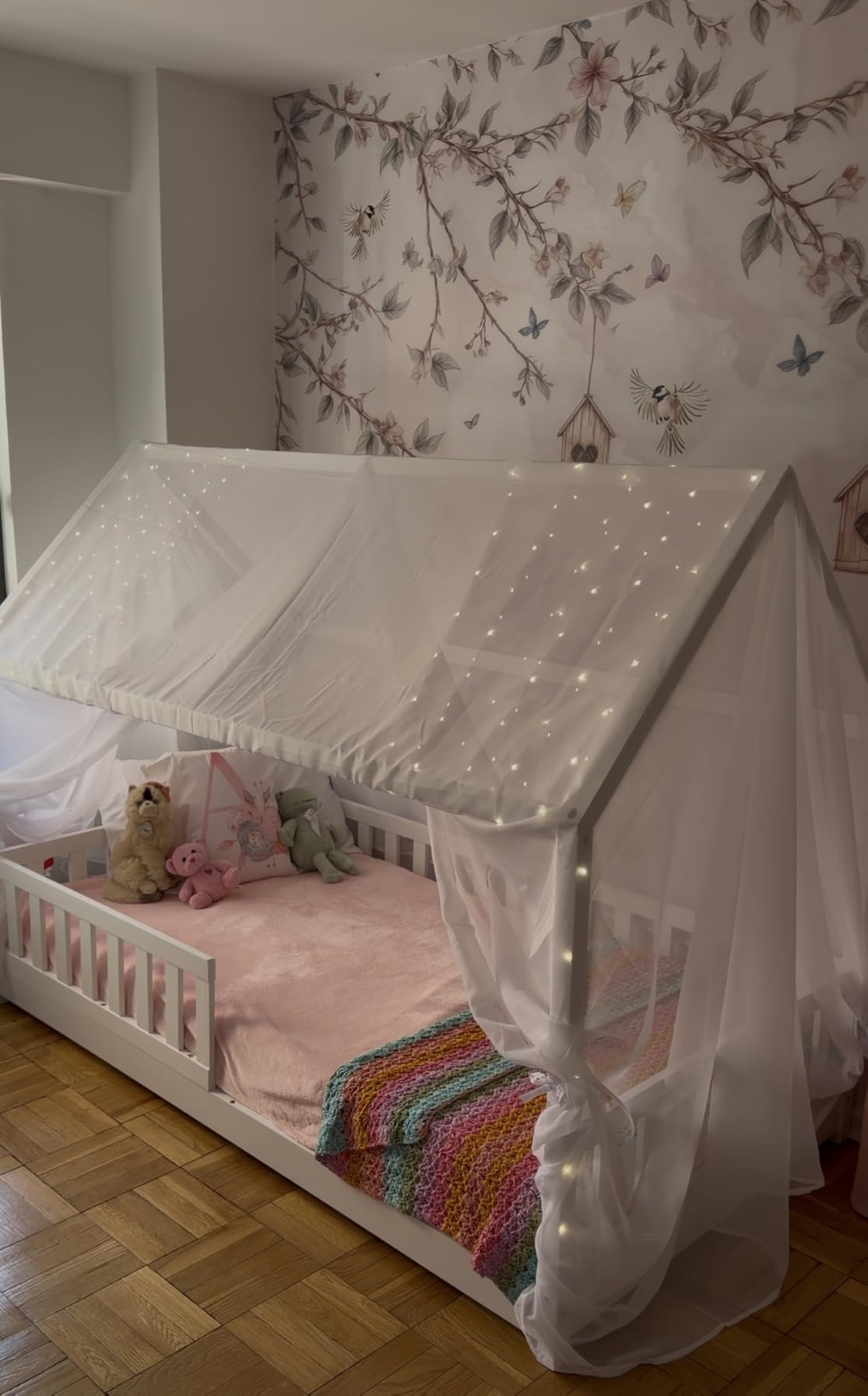 Jocisland Twin Size House Bed for Kids with Guardrails, White | 100% Solid Wood Construction, Removable Rails, Full Surround Guardrails, Playhouse Roof Design, for Boys and Girls customer photo 2