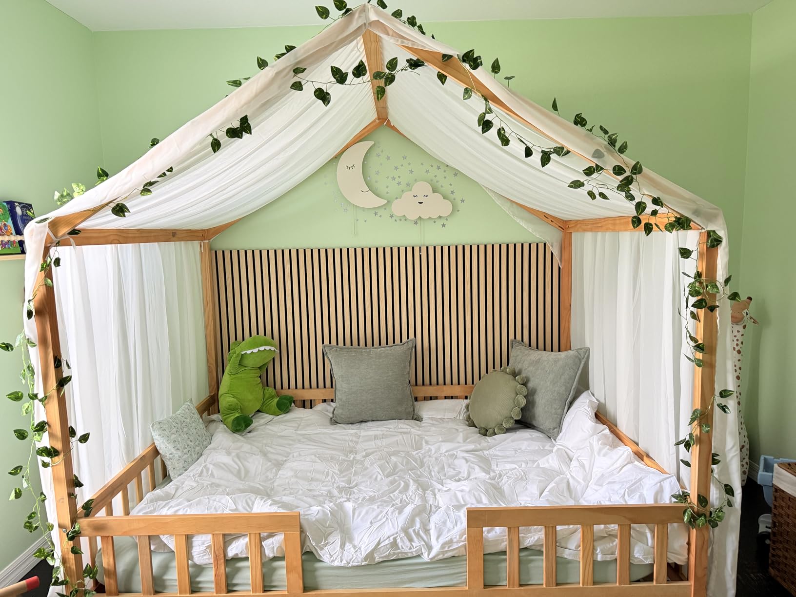 Twin Montessori House Bed with High Rails, Low Floor Bed Twin with Roof & Canopy, Wood House Beds Frame for Boys Girls, White customer photo 1