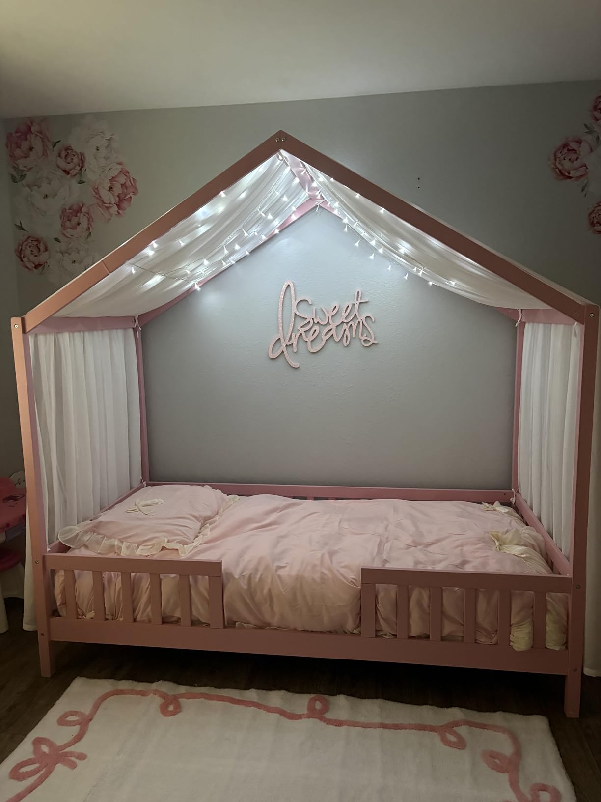 Twin Montessori House Bed with High Rails, Low Floor Bed Twin with Roof & Canopy, Wood House Beds Frame for Boys Girls, White customer photo 2