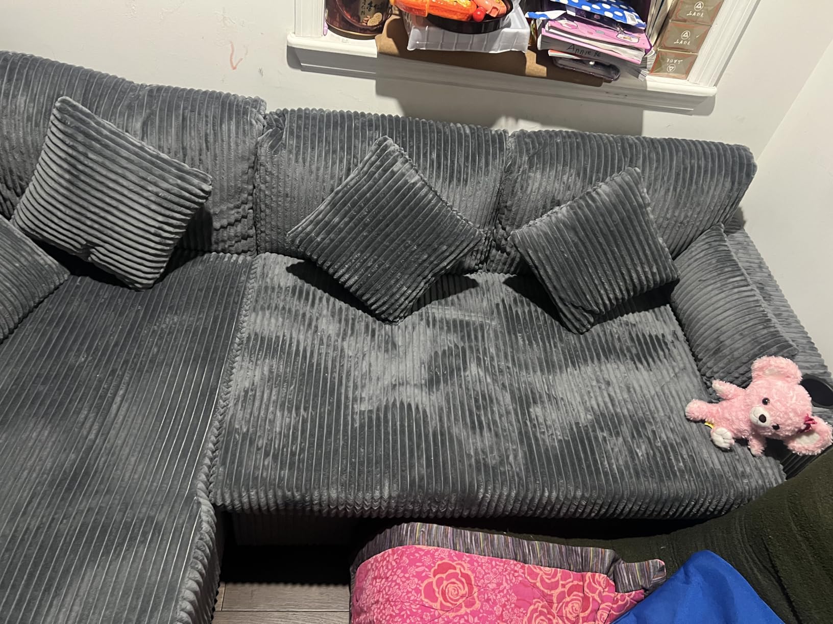 3 in 1 Pull Out Couch, Corduroy L Shaped Couch Sleeper Sofa Bed, Black | Reversible Storage Chaise, Charging Station, Cup Holder, Sleeper Sofa, for Living Room Apartment customer photo 1