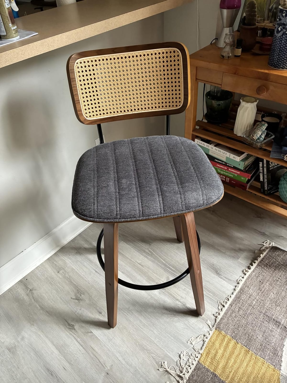 Mid Century Modern Bar Stools, Rattan Swivel Bar Stools with Curved Back | Solid Bentwood Frame, Walnut Finish, Cane Back, PU Leather Upholstered Seat, Kitchen BarStools for bar, Cafe, Pub, Restaurant customer photo 1