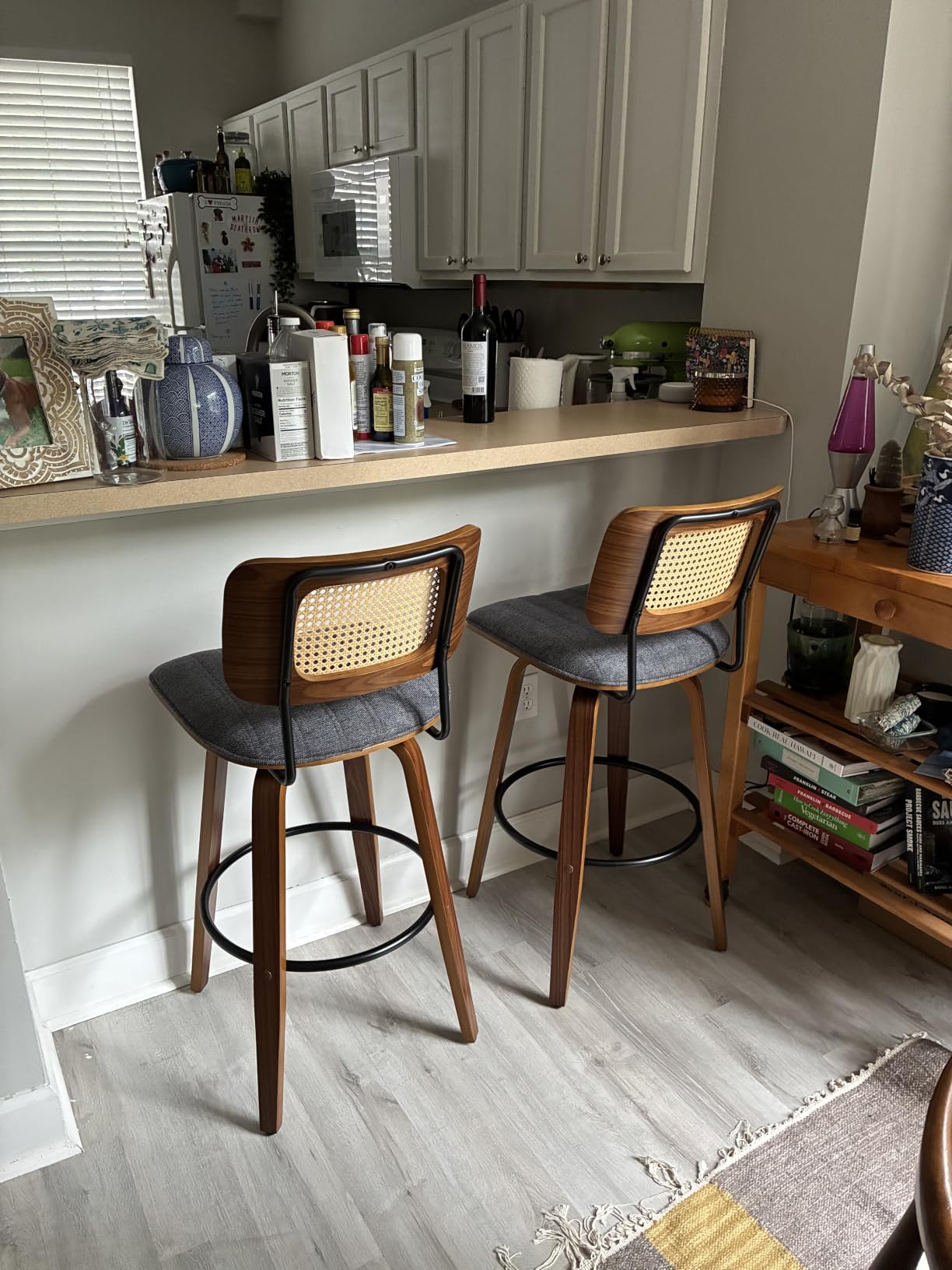 Mid Century Modern Bar Stools, Rattan Swivel Bar Stools with Curved Back | Solid Bentwood Frame, Walnut Finish, Cane Back, PU Leather Upholstered Seat, Kitchen BarStools for bar, Cafe, Pub, Restaurant customer photo 2