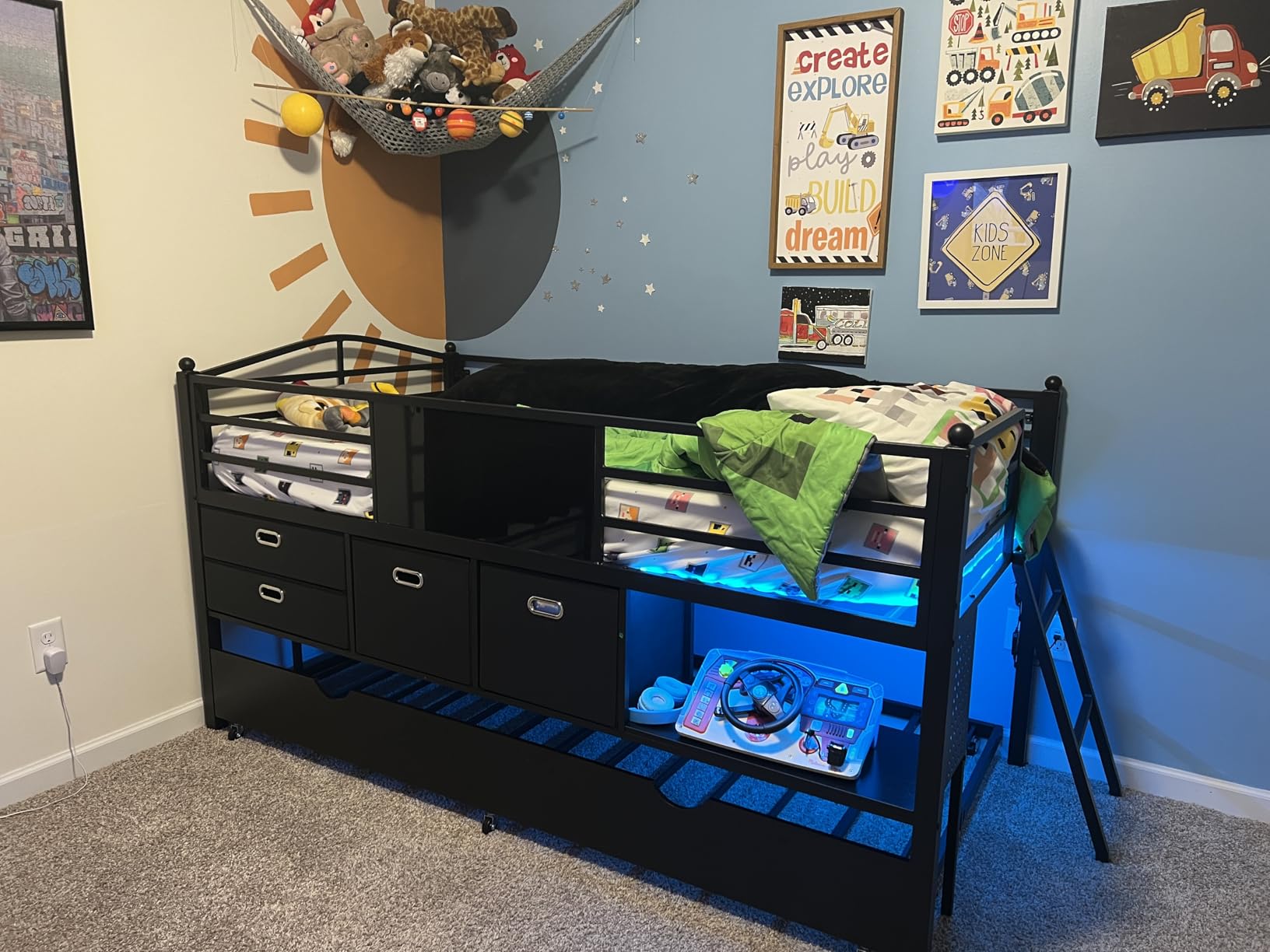 ADORNEVE Low Loft Bed Twin Size with Trundle & 4 Storage Drawers, Black, Kids Loft Bed with RGB LED Light, Open Cubbies, Safety Guardrail customer photo 1