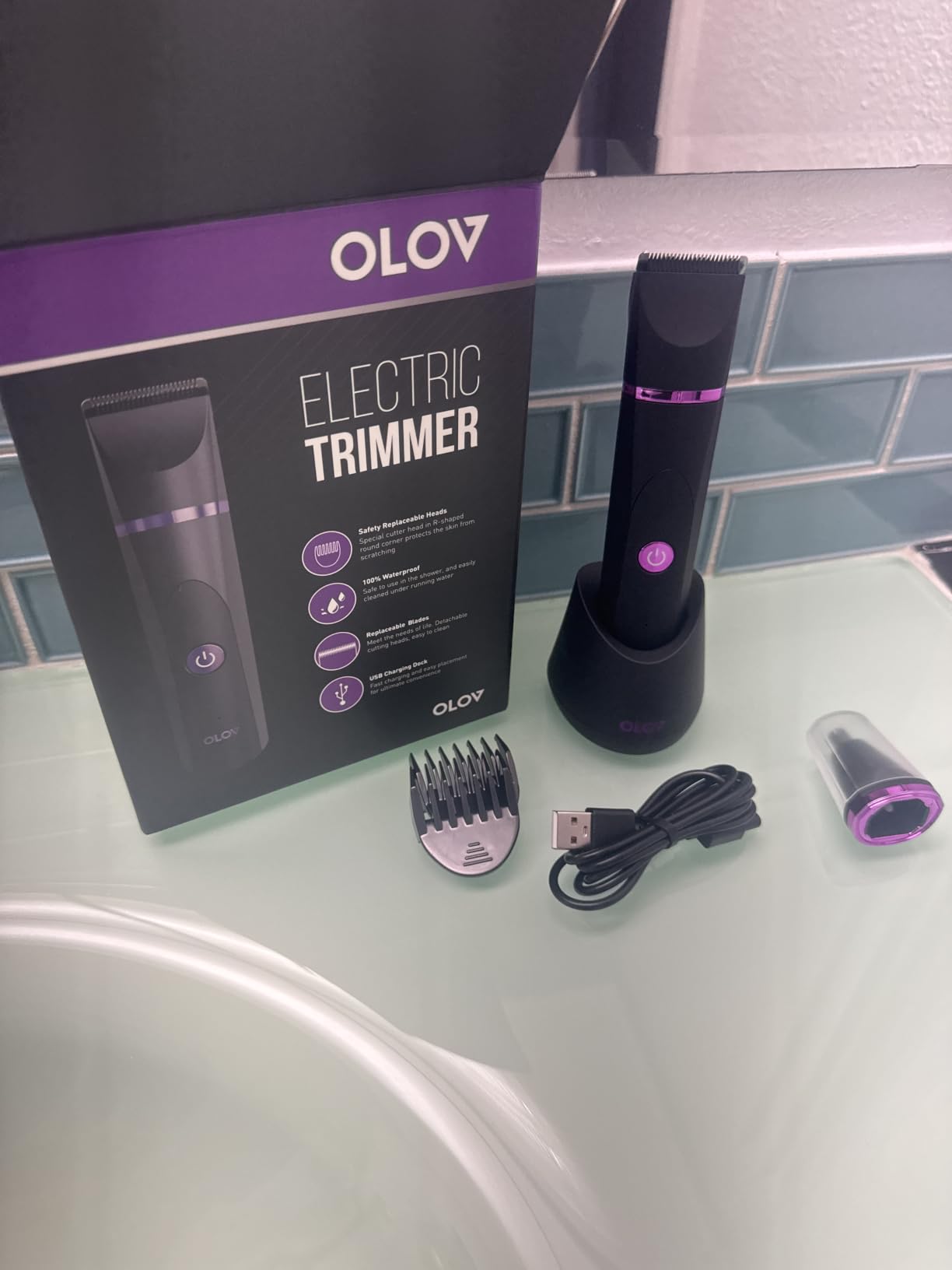 OLOV Electric Body Hair Trimmer - Groin Trimmer for Men - Bikini Trimmer Women - Wet/Dry Shaver Groomer, Replaceable Ceramic Blade Heads, USB Recharge Dock, Waterproof Hygiene Razor, Purple customer photo 1
