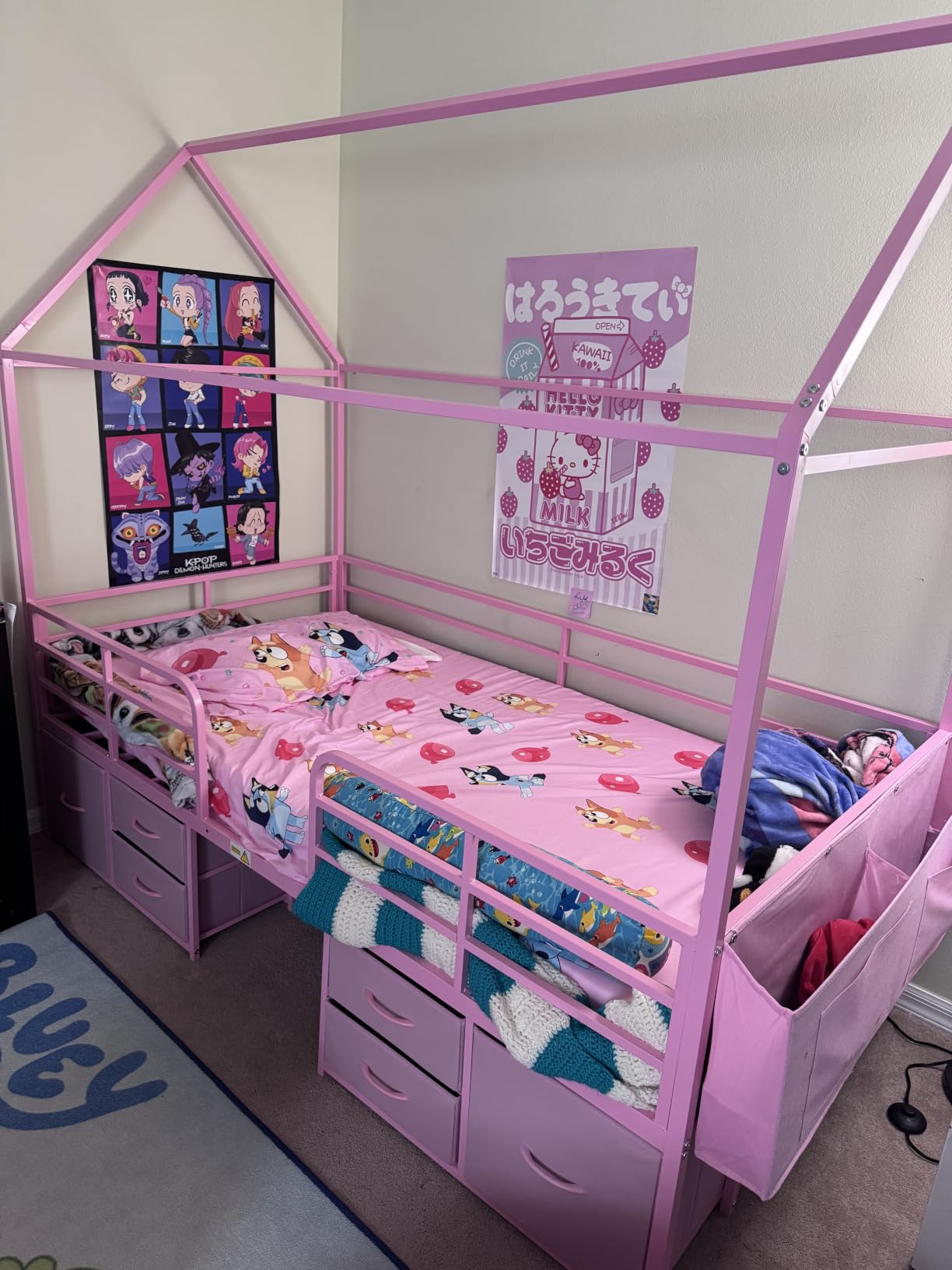 ADORNEVE Twin Size Bed Frame with 6 Drawers, Pink Metal House Kids Bed | Twin Bed Frame for Girls, Safety Guardrail, Inclined Ladder, No Box Spring Needed customer photo 2
