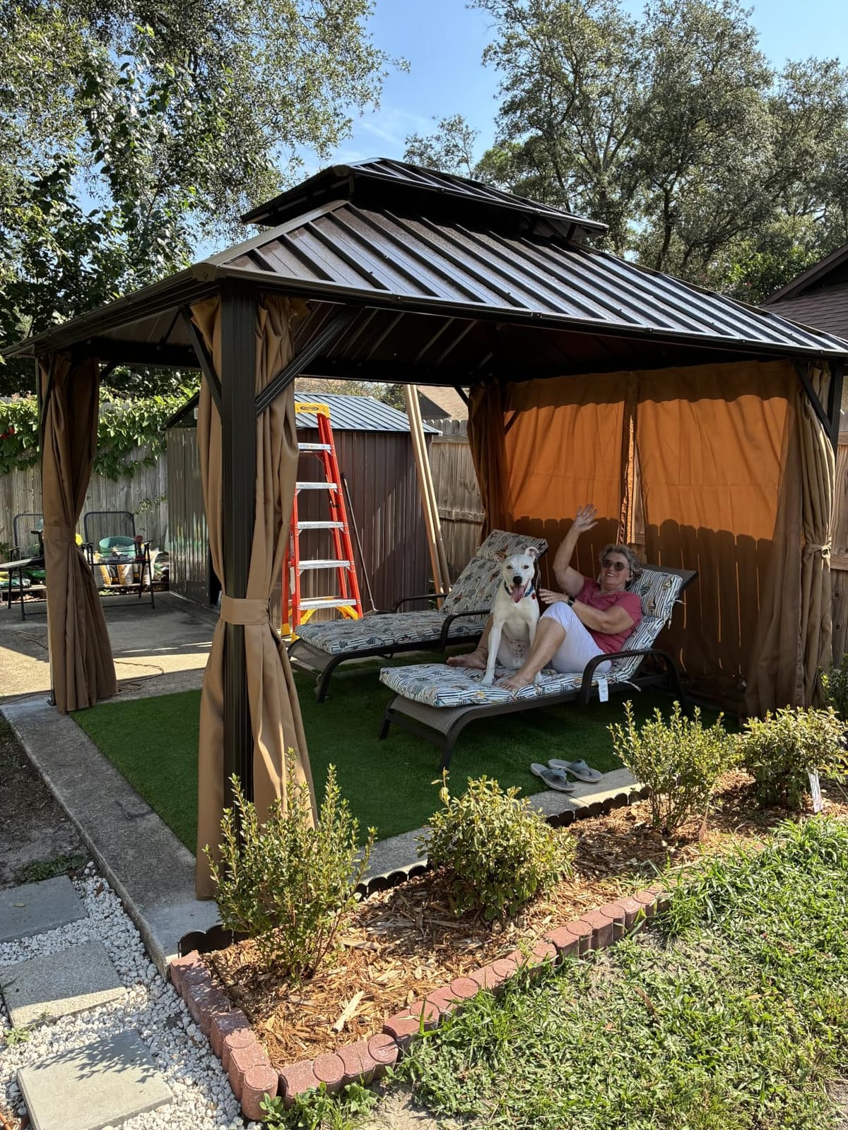 10x12FT Hardtop Gazebo Brown | Permanent Outdoor Pergola with Double Galvanized Steel Roof and Curtains and Netting for Backyard, Patio, Lawn and Garden customer photo 2
