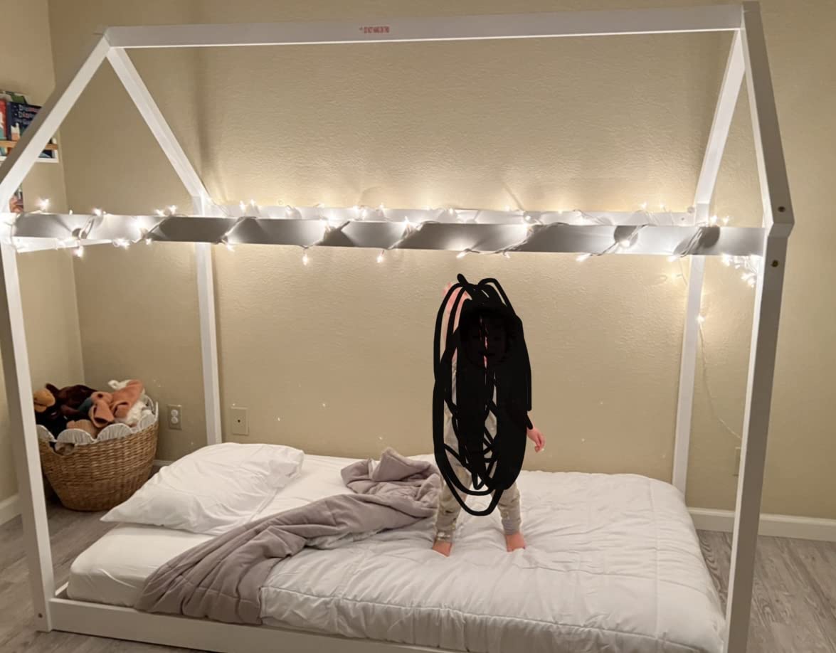 Costzon Twin Bed Frames for Kids, Wooden House Antlers-Shaped Floor Bed | Montessori Kids Bed w/Tent, Window, Fence Guard Rails, & Wooden Slat Support, No Box Spring Needed (Natural & Green) customer photo 1