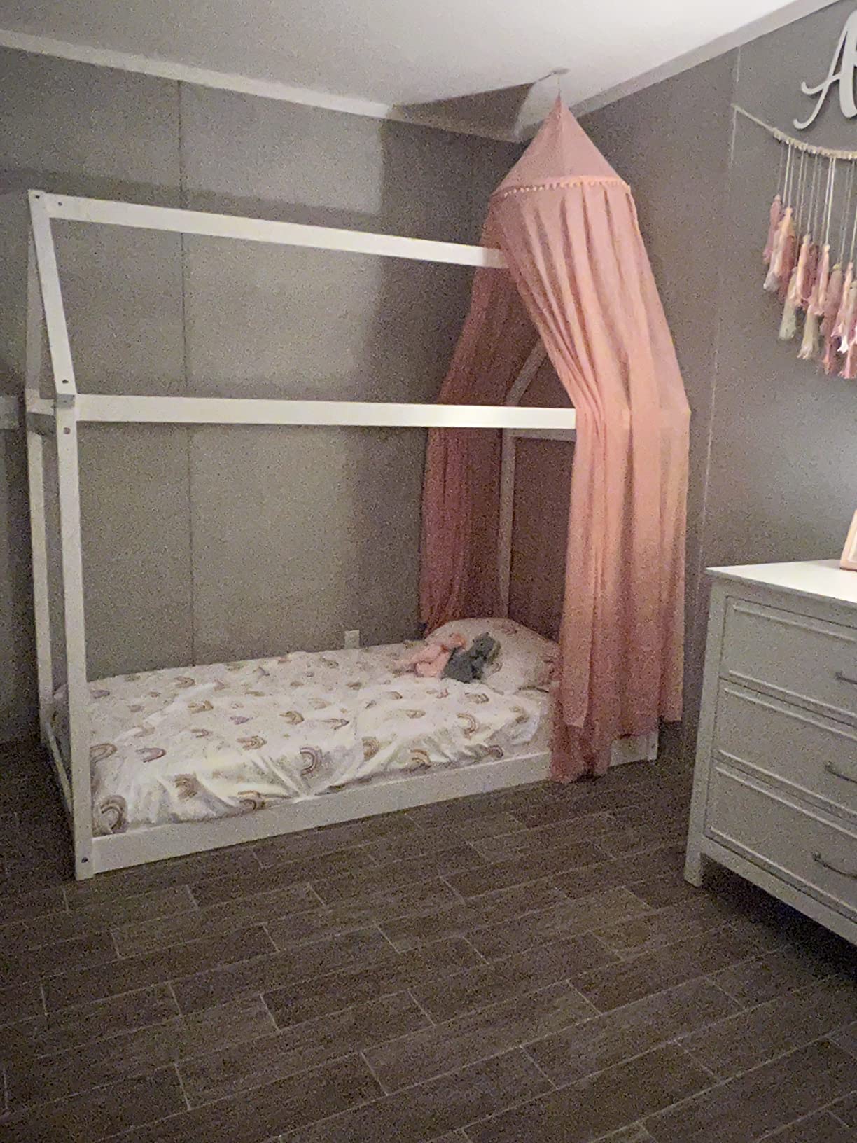 Costzon Twin Bed Frames for Kids, Wooden House Antlers-Shaped Floor Bed | Montessori Kids Bed w/Tent, Window, Fence Guard Rails, & Wooden Slat Support, No Box Spring Needed (Natural & Green) customer photo 2