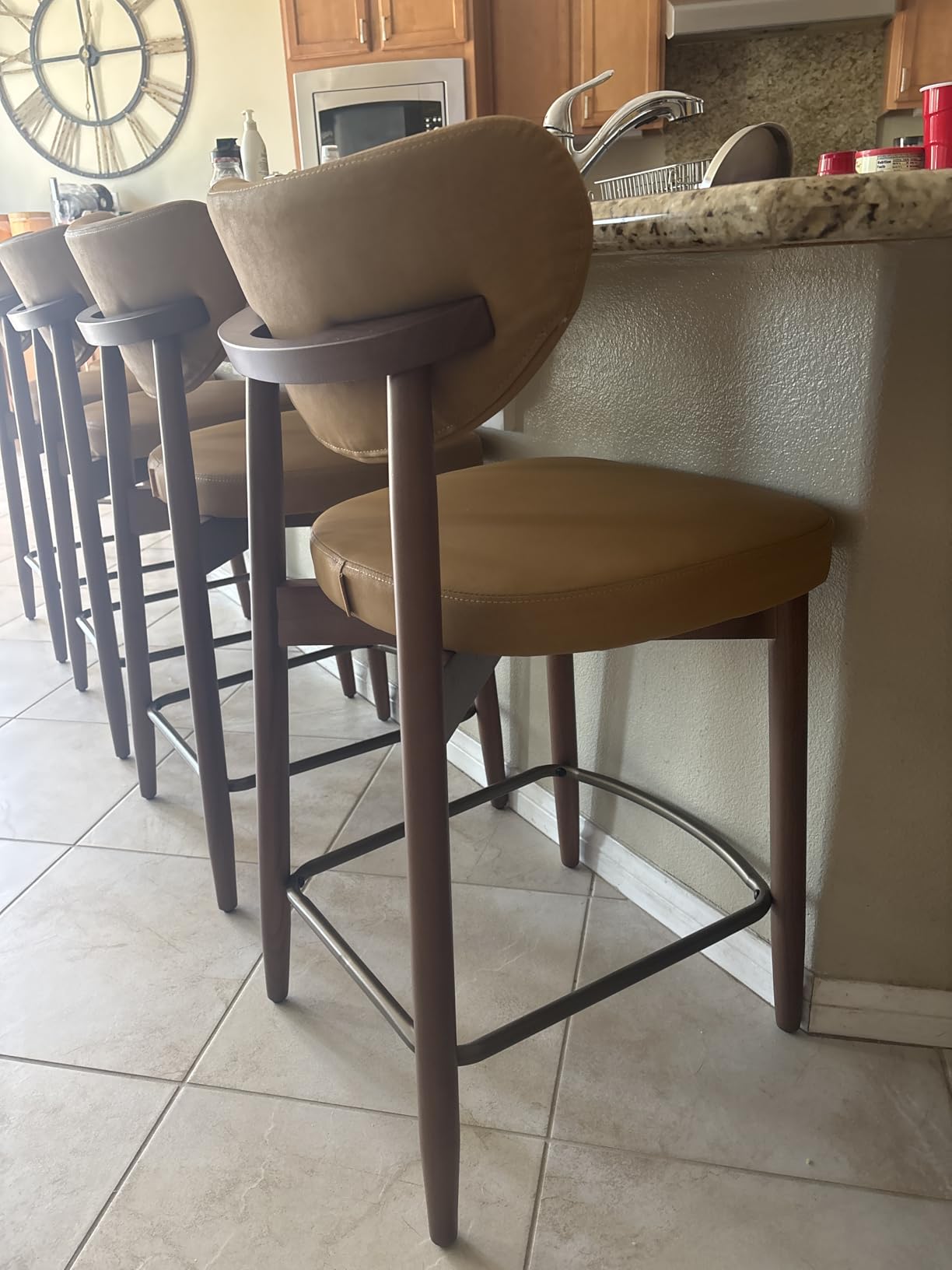VASAGLE Wooden Bar Stools Set of 2, Linen-Look Fabric, Cappuccino Beige | Barstools with Solid Wood Legs, Ergonomic Backrest, Mid Century Modern, for Kitchen Island, Linen-Look Fabric customer photo 2