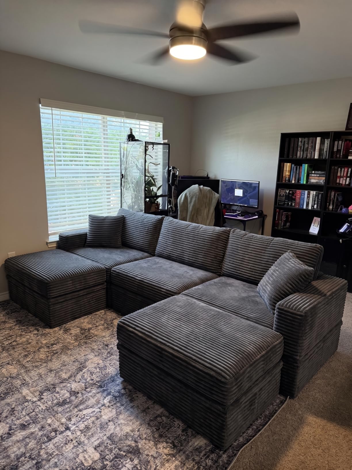 107'' Modular Sectional Sofa, Deep Seat Boneless Couch with Storage | Oversized High-Back for Living Room & RV | With Ottoman | High Density Foam & Corduroy | Tool-Free Assembly | Cozy Dark Gray customer photo 1