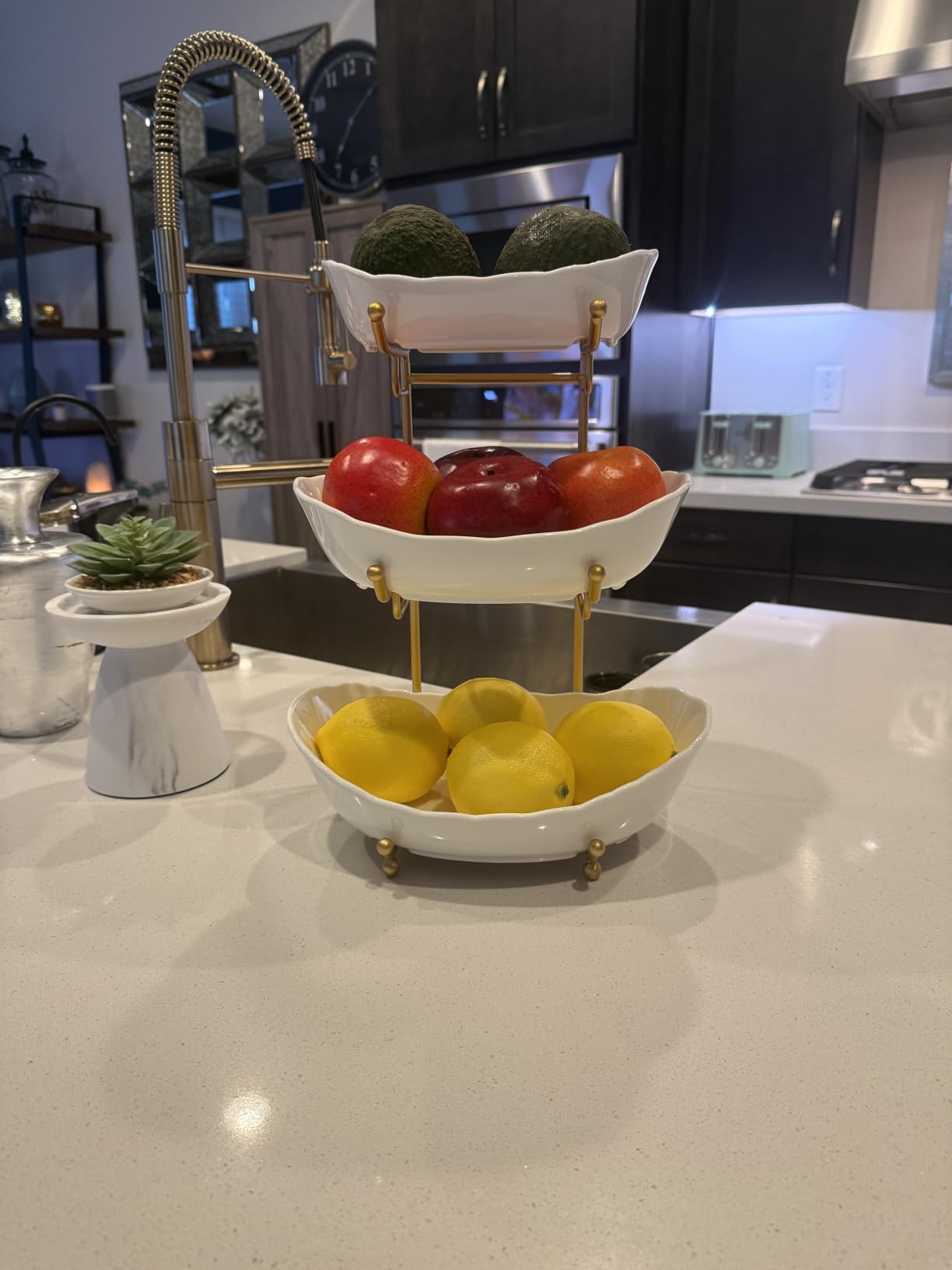 3 Tier Fruit Basket, Ceramic Fruit Bowl for Kitchen Counter | Fruit Holder for Kitchen, with Metal Stand, No Installation Required, Save Space, Easy to Clean, Modern, Gold, Large customer photo 1