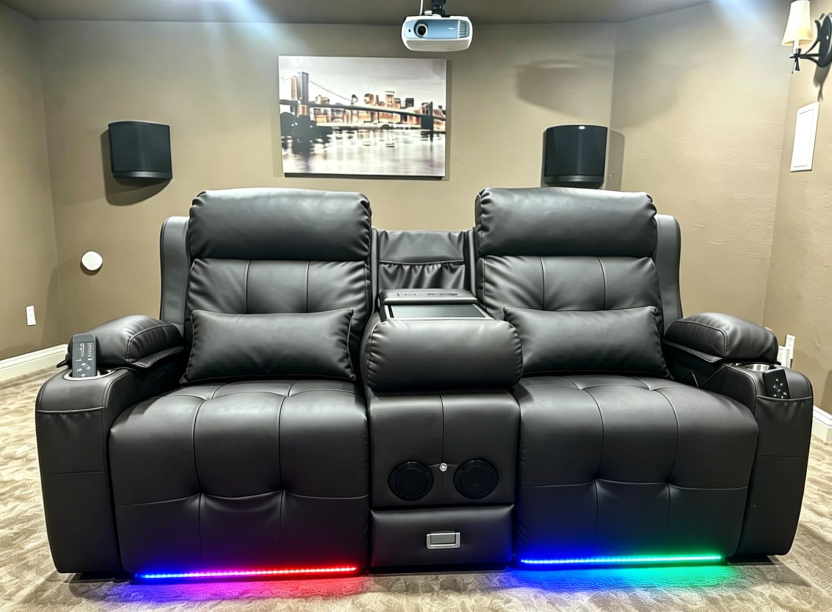 Home Theater Seating, Power Loveseat Recliner Sofa with Massage & Heat | Wall Hugger Reclining Loveseat with USB, RV Couch with LED Lights, Flip Backrest, Cup Holders for Movie Theater & Gaming Room customer photo 1