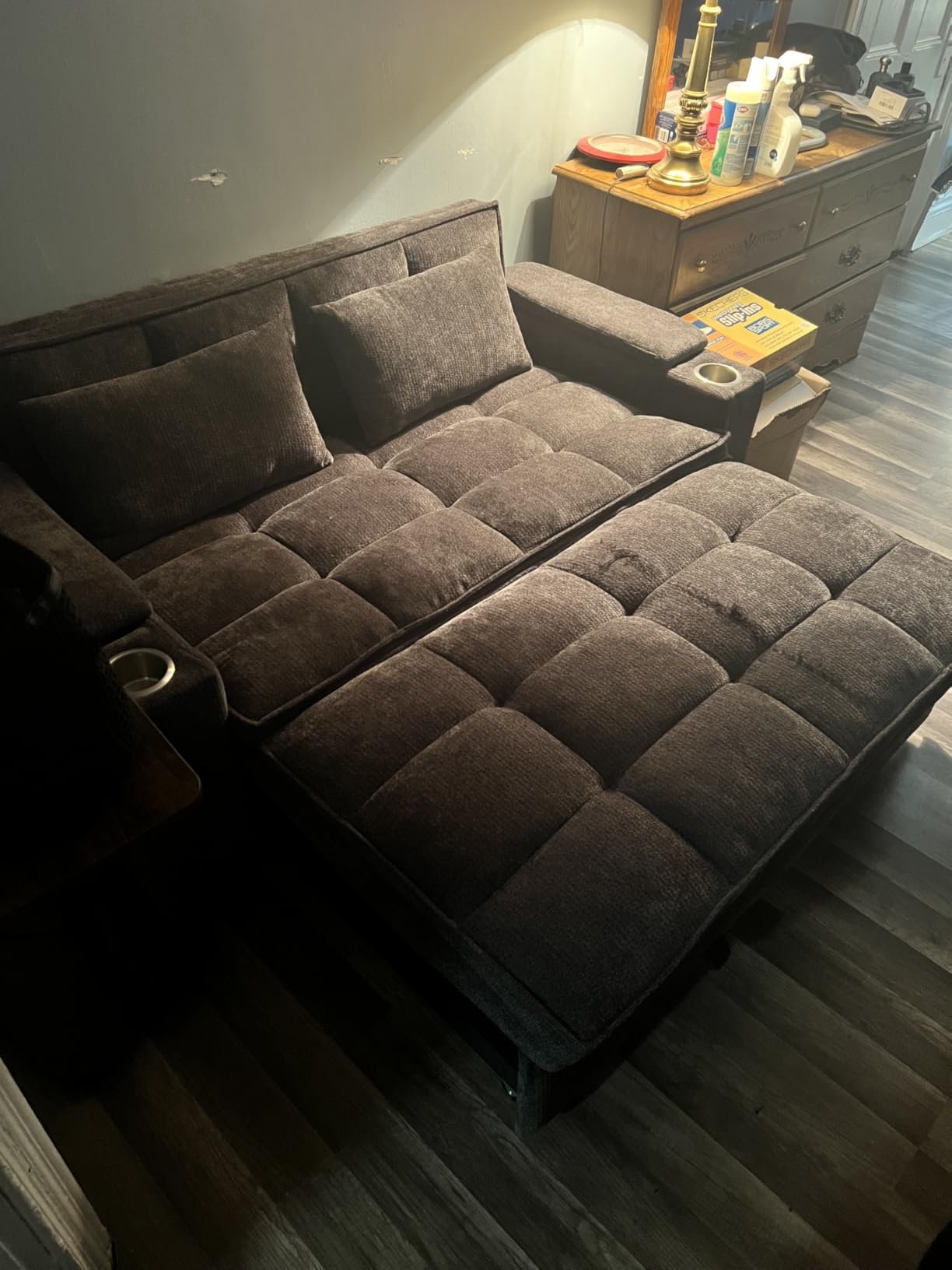 Dreamzie 65'' Convertible Sleeper Sofa Bed with Swivel Side Table, Chenille Pull Out Couch for Living Room, Loveseat Sleeper Couch with Hidden Storage Space | Charging Port | Cup Holders, Grey customer photo 2