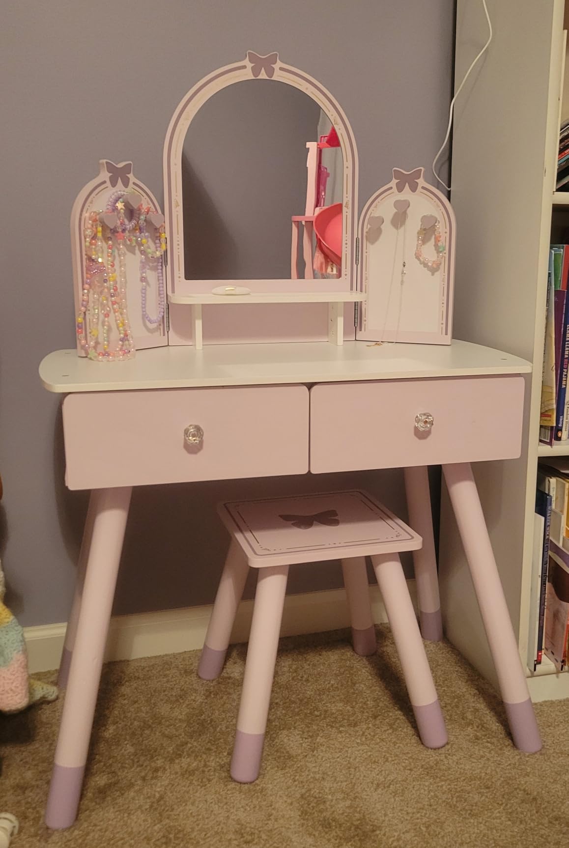 ROBOTIME Pink Kids Vanity Set with Butterfly Mirror Stool Age 3+, 39in x 27in | Dress-up and makeup pretend play, butterfly mirror with stool and 2 drawers, builds confidence, birthday gift for age 3+ customer photo 2