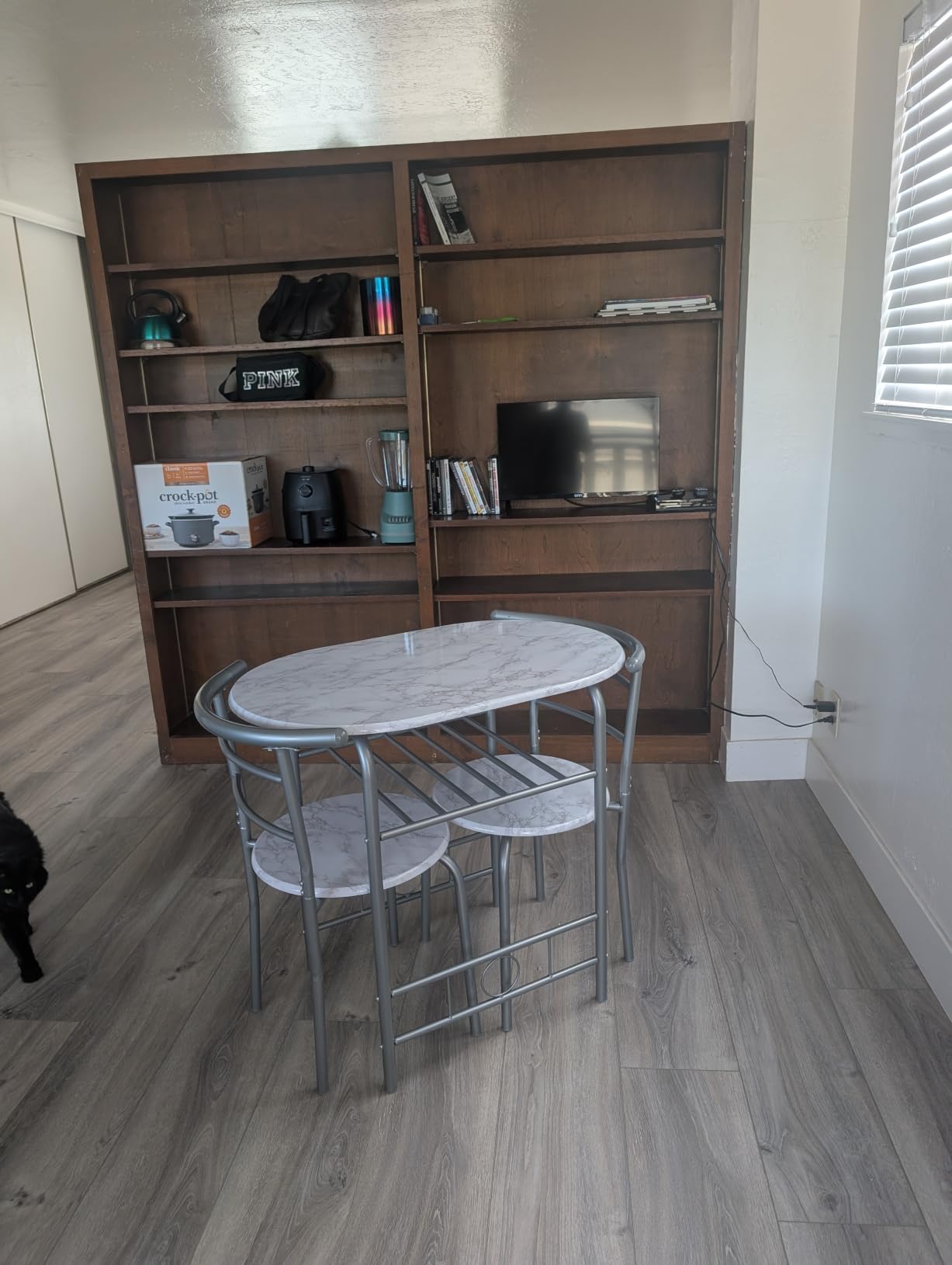 VECELO 3-Piece Dining Table Set for Kitchen Breakfast Nook, Wood Grain Square Tabletop and Metal Frame, for Small Spaces, Grey customer photo 2