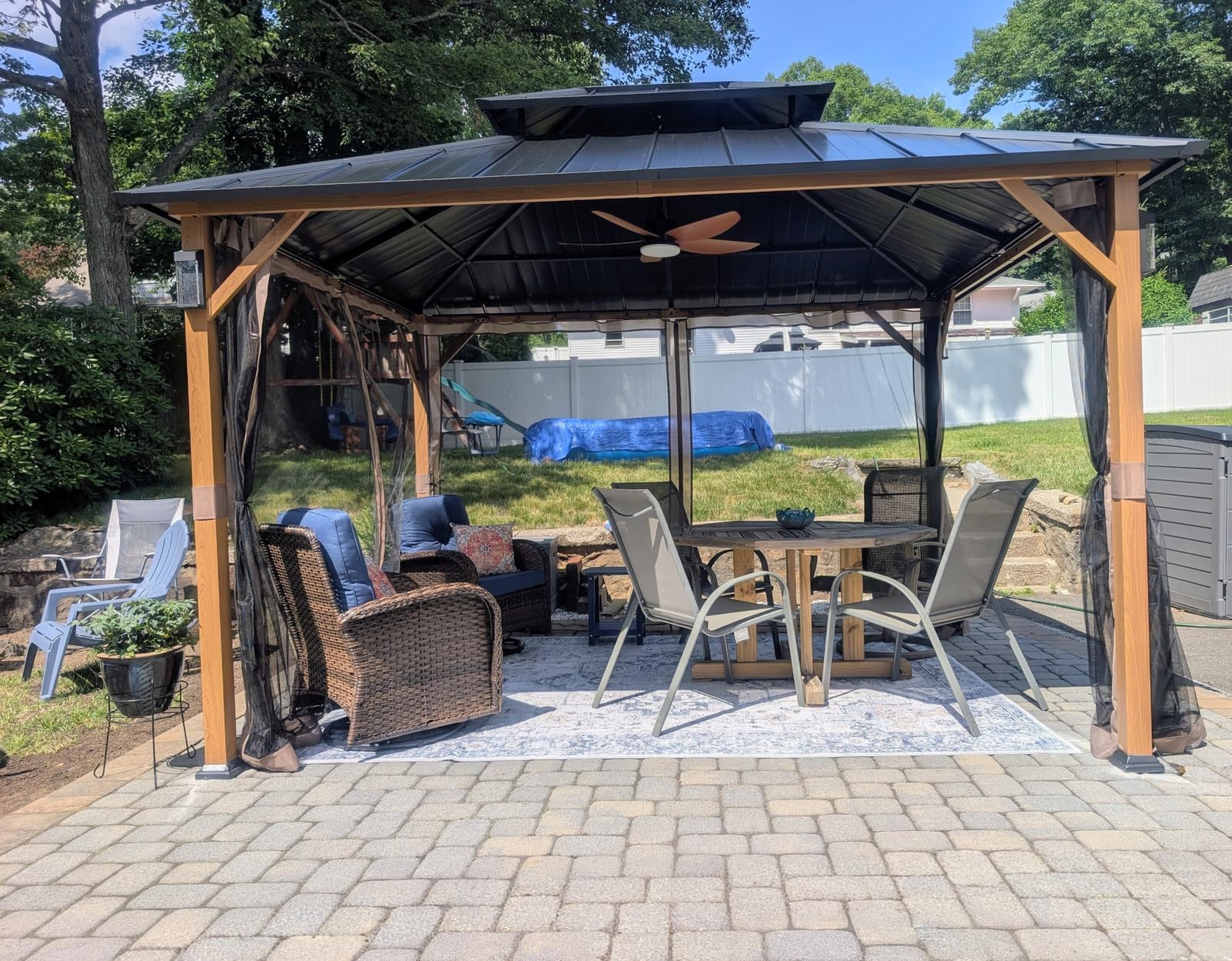 Modern Shade Hardtop Gazebo 10x12 with 4 LED Lights for Backyard Wood Grain | Permanent Hard Top Gazebo with Galvanized Steel Double Roof, Metal Gazebo with Decor Hooks, Mosquito Nettings for Patio customer photo 1