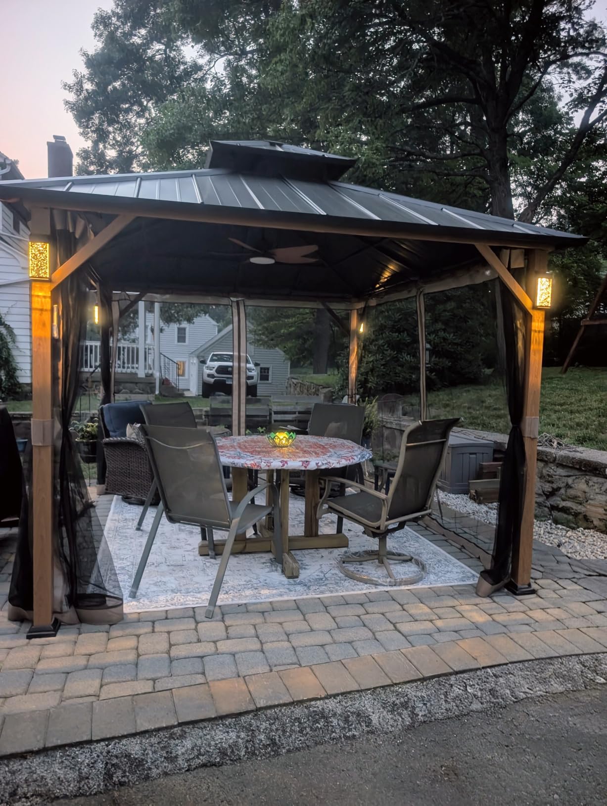 Modern Shade Hardtop Gazebo 10x12 with 4 LED Lights for Backyard Wood Grain | Permanent Hard Top Gazebo with Galvanized Steel Double Roof, Metal Gazebo with Decor Hooks, Mosquito Nettings for Patio customer photo 2