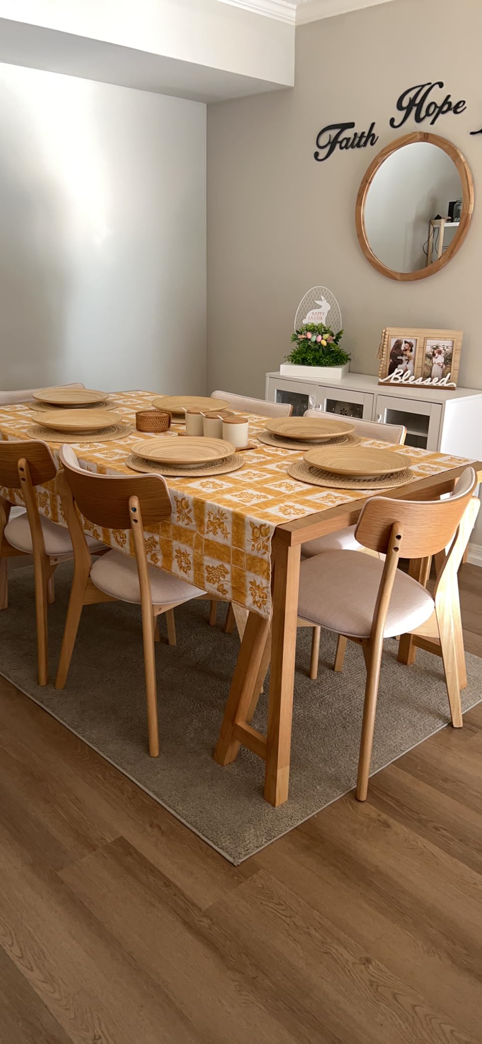 Christopher Knight Home Rachel Mid-Century Modern Dining Room Set for 6, 7 Piece Dining Table Set with A-Frame Table, Dinner Table and Upholstered Armless Chairs Set of 6, Light Beige + Walnut customer photo 2