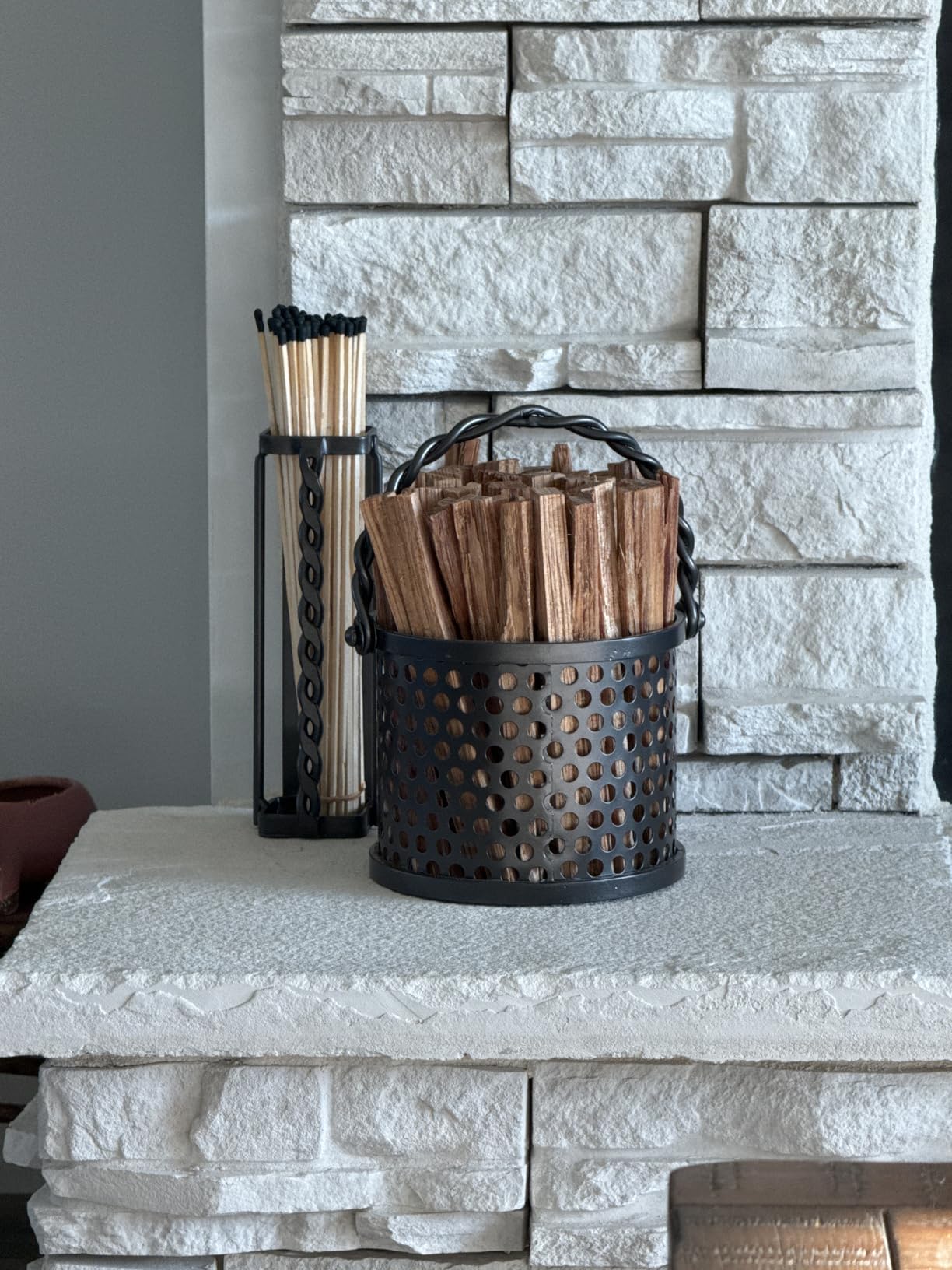 Minuteman International Twisted Rope Fatwood Holder Basket Caddy, Wrought Iron, 6.75 x 5.5 x 5.5, Graphite customer photo 1