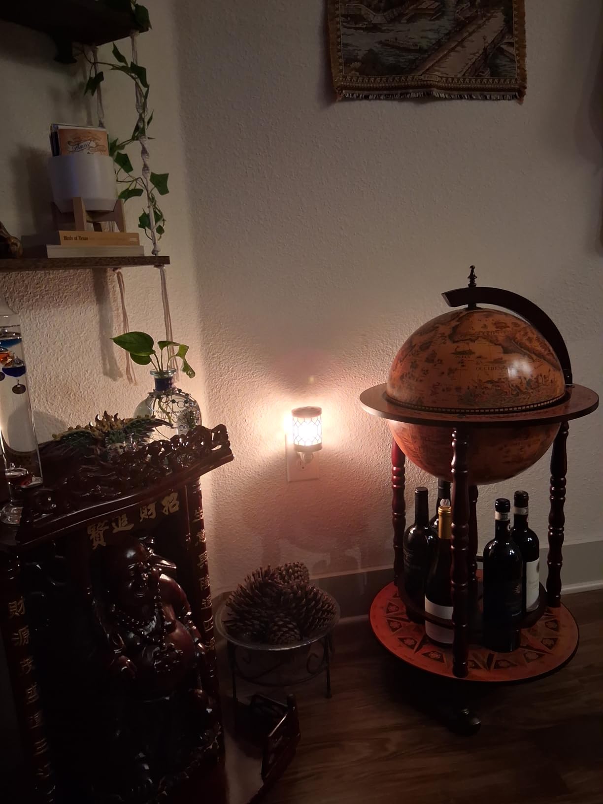 vidaXL Eucalyptus Wood Globe Bar Stand - Brown, Mobile Wine Storage, Solid Wood Construction, Perfect for Home, Office, and Reception Area. customer photo 1
