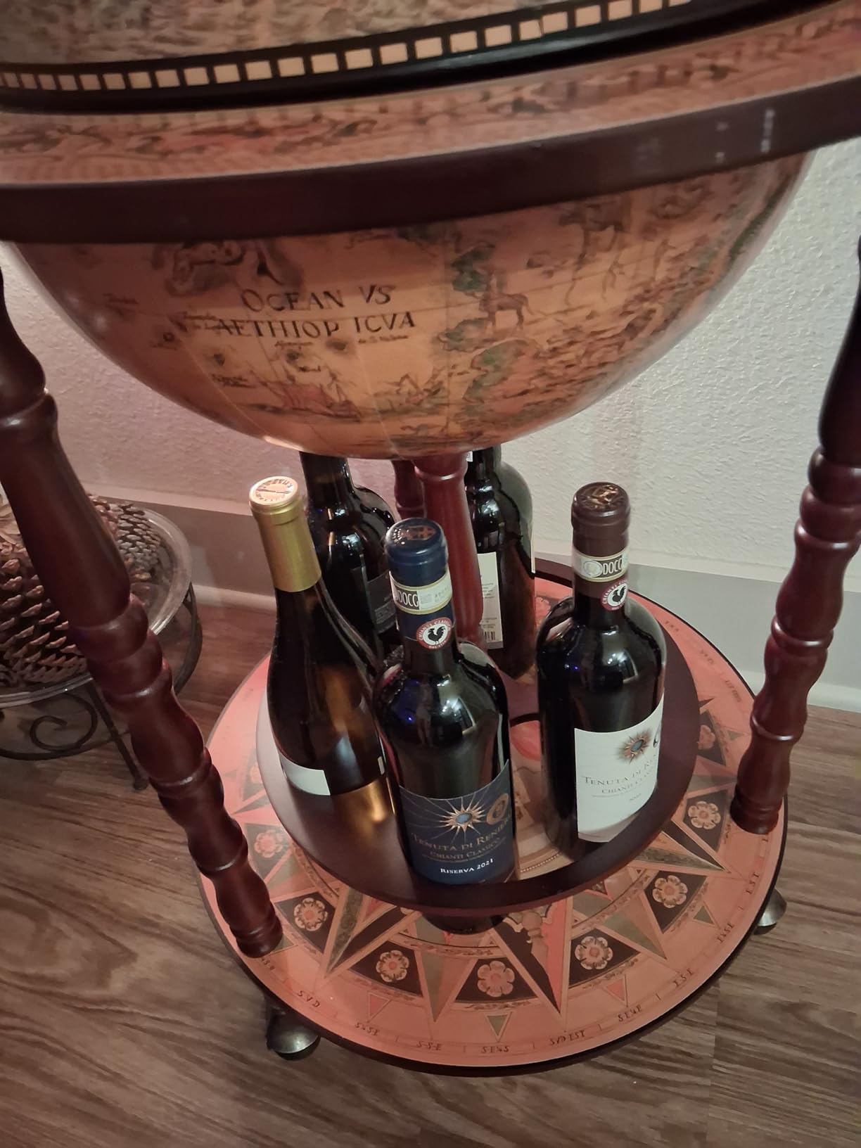 vidaXL Eucalyptus Wood Globe Bar Stand - Brown, Mobile Wine Storage, Solid Wood Construction, Perfect for Home, Office, and Reception Area. customer photo 2