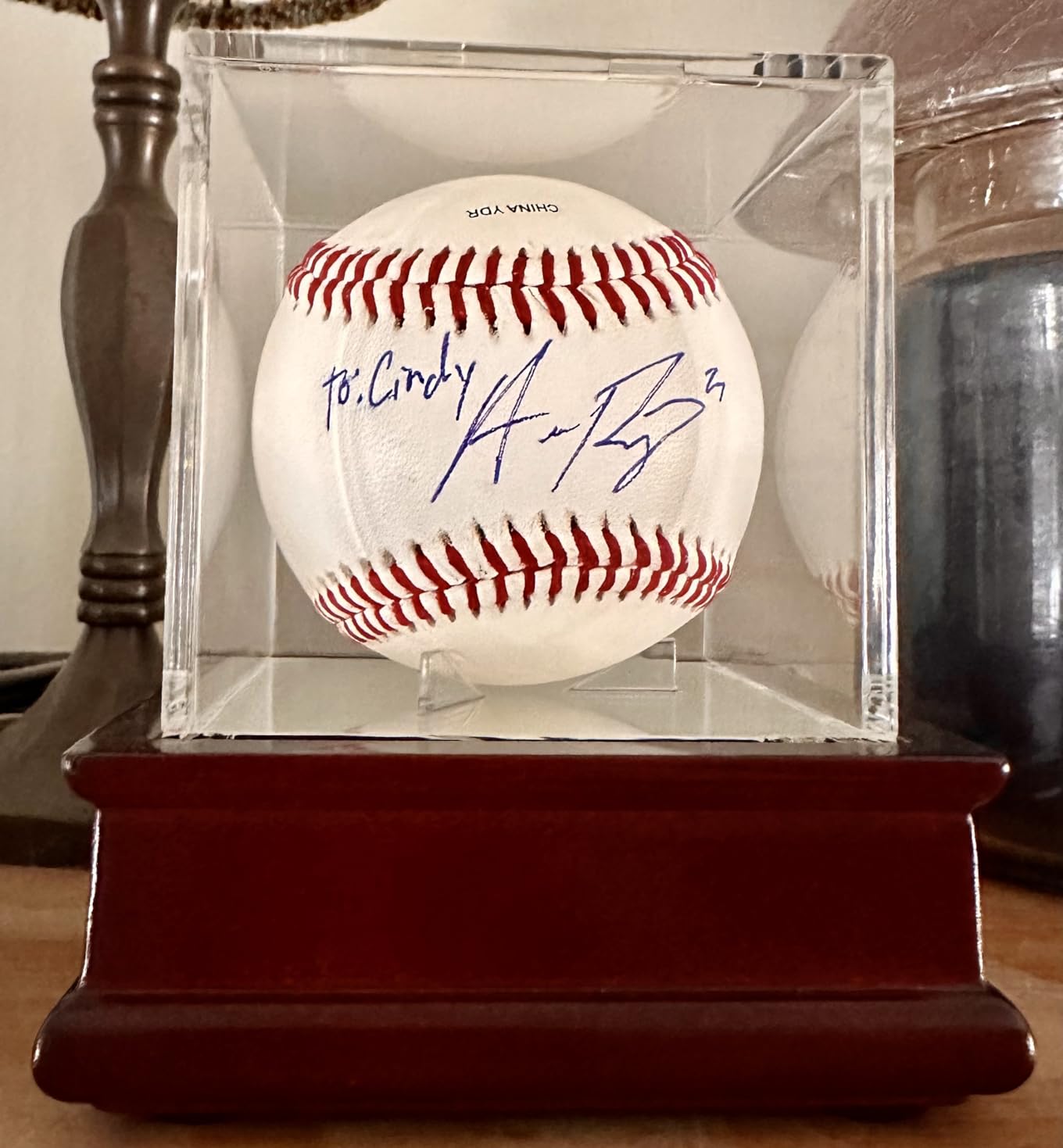 DisplayGifts Collector's Baseball Display Case Ball Stand 99% UV Protection All-Sides Closure Cube for a Home Run or Autographed Ball High Transparency Cherry Finish Bottom customer photo 1