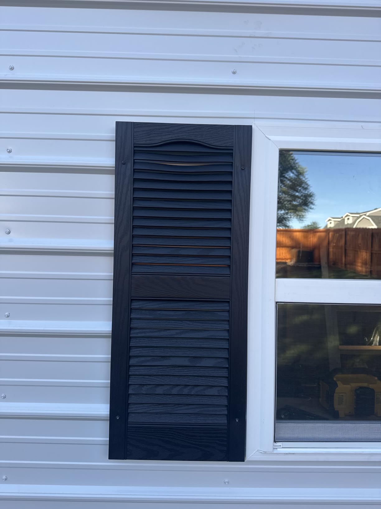 Ekena Millwork Lifetime Vinyl LL1S14X04800BL Standard Cathedral Top Center Mullion, Open Louver Vinyl Shutters, w/Installation Shutter-Lok's & Matching Screws (Per Pair), 14 1/2